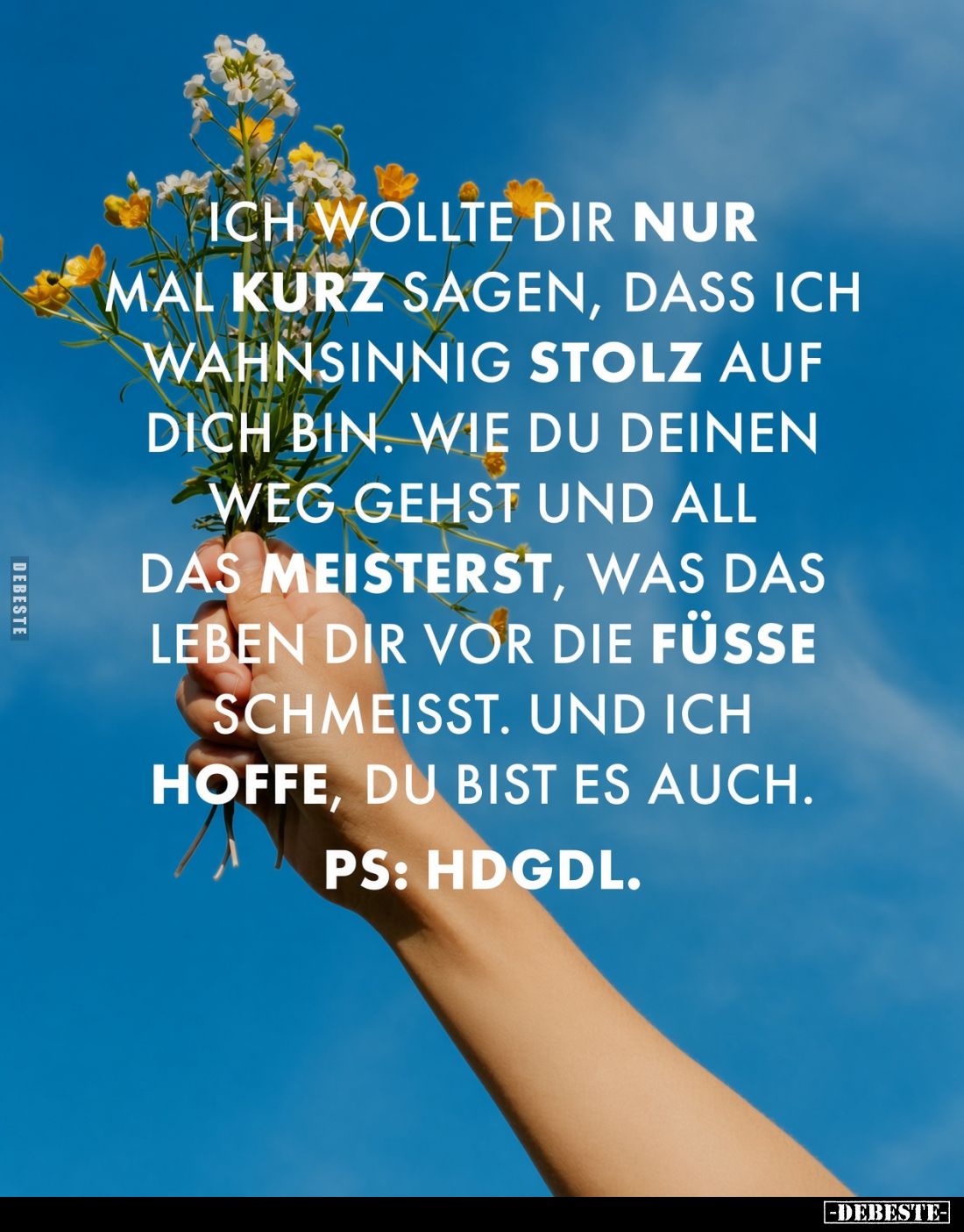 Ich wollte dir nur mal kurz sagen, dass ich wahnsinnig stolz auf dich bin. Wie du deinen Weg gehst und all das meisterst, was...