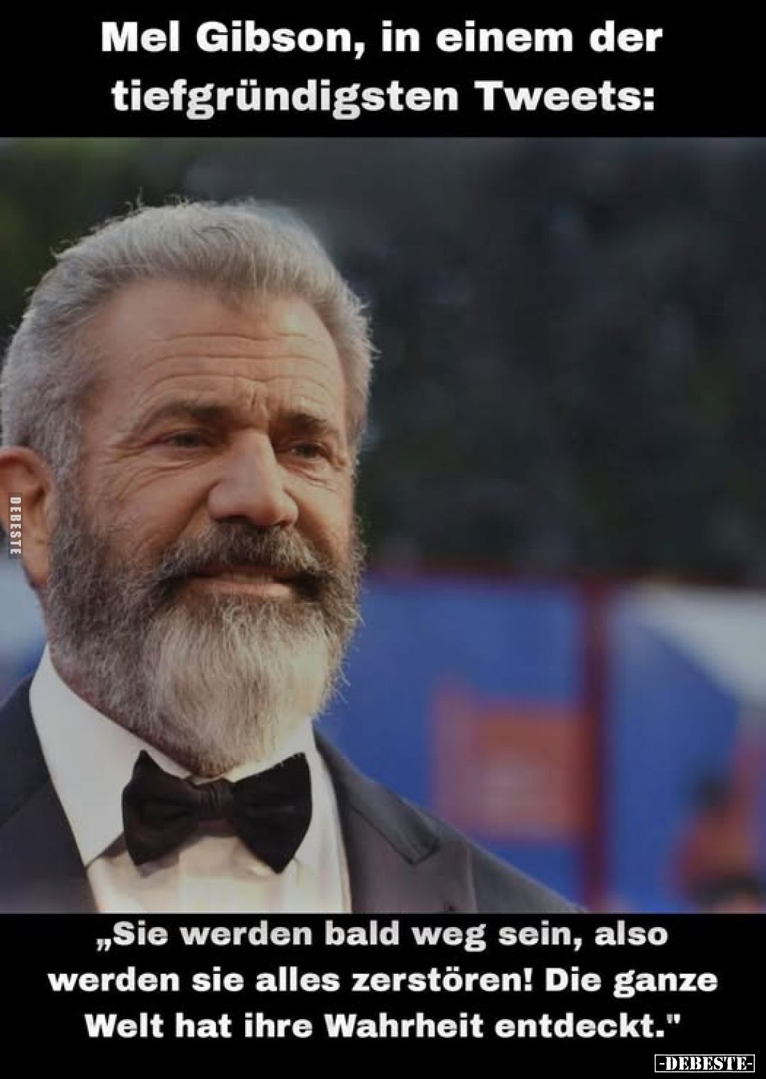Mel Gibson, in einem der tiefgründigsten Tweets: 
"Sie werden bald weg sein, also werden sie alles zerstören! Die ganze...