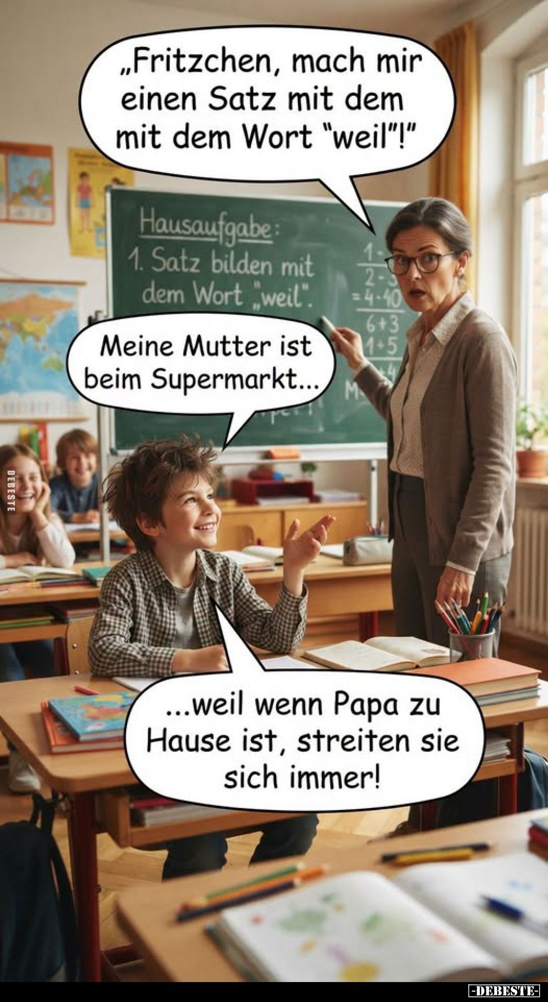 "Fritzchen, mach mir einen Satz mit dem mit dem Wort "weil"!" - Meine Mutter ist beim Supermarkt... - ......
