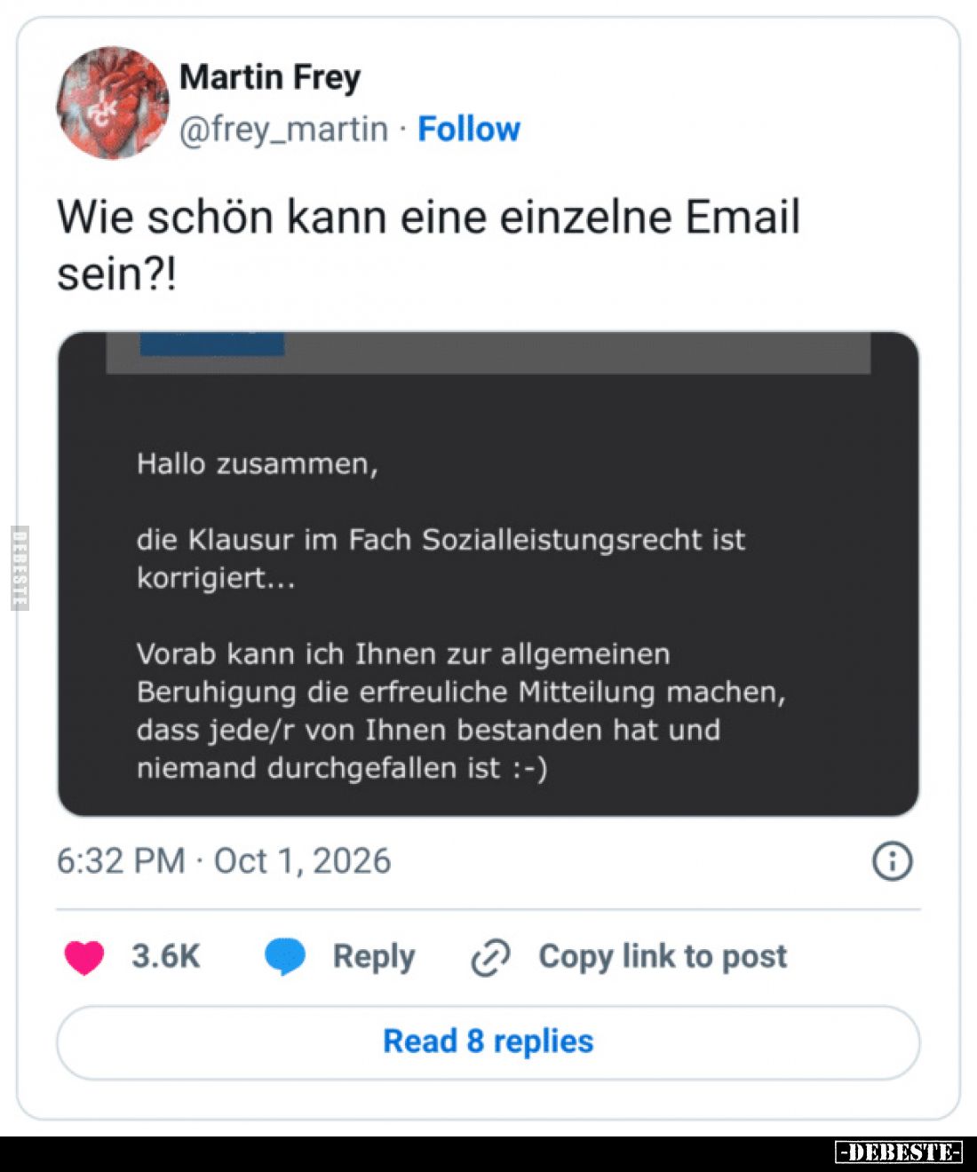 Wie schön kann eine einzelne Email sein?!

Hallo zusammen,

die Klausur im Fach Sozialleistungsrecht ist korrigiert...
...
