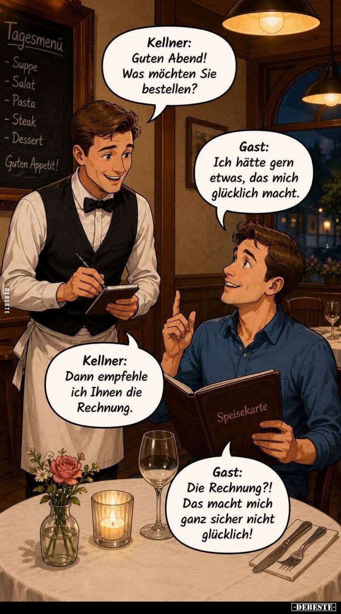 Kellner: Guten Abend! Was möchten Sie bestellen? - Gast: Ich hätte gern etwas, das mich glücklich macht. - Kellner: Dann empf...