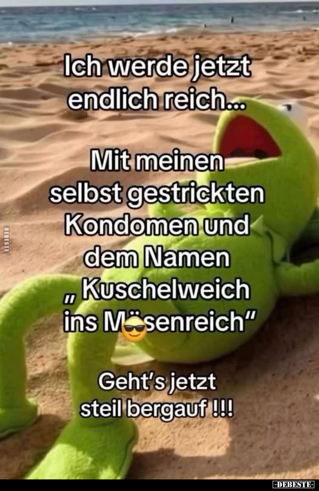 Ich werde jetzt endlich reich...
Mit meinen selbst gestrickten Kondomen und dem Namen „Kuschelweich ins M*senreich“
Geh...