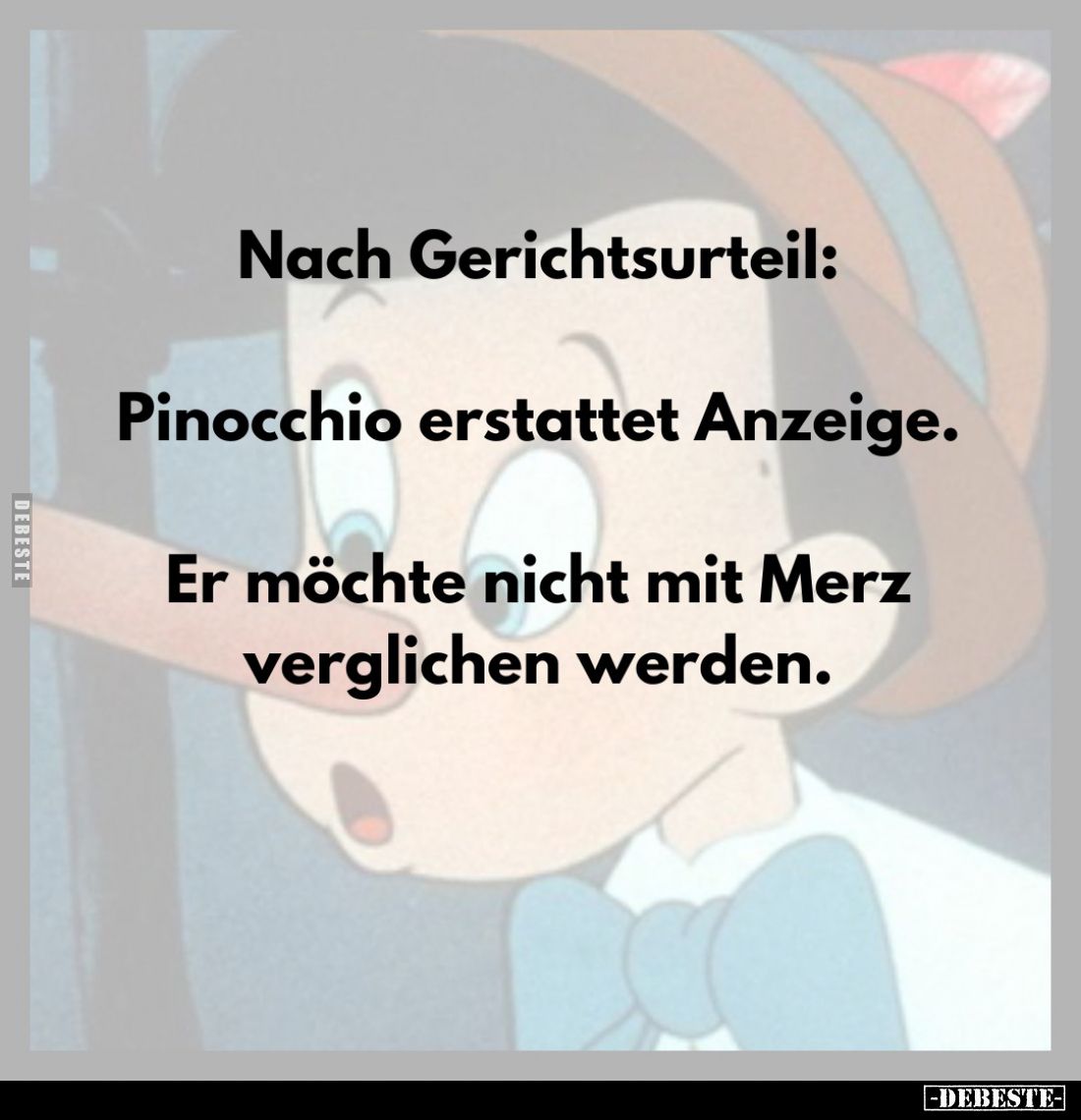 Nach Gerichtsurteil:
Pinocchio erstattet Anzeige.
Er möchte nicht mit Merz verglichen werden.