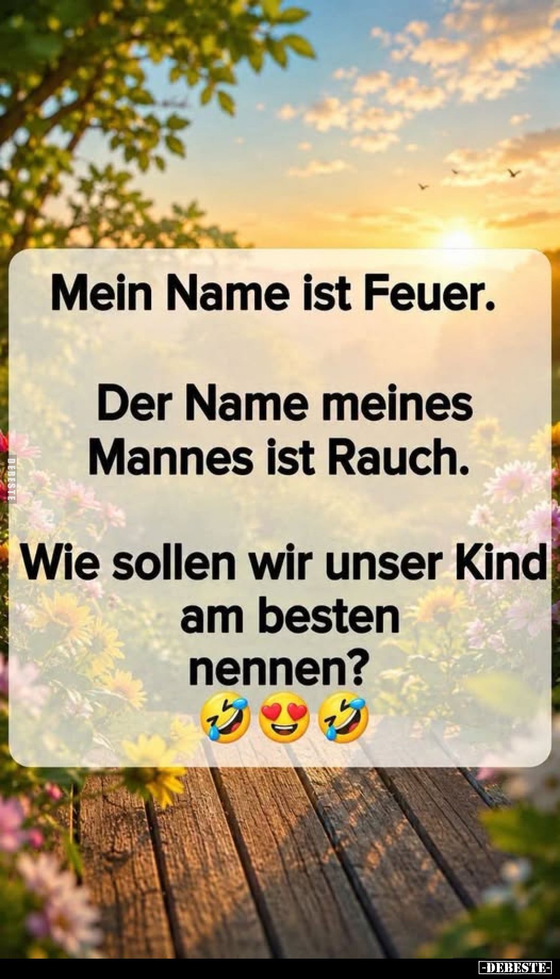 Mein Name ist Feuer.
Der Name meines Mannes ist Rauch.
Wie sollen wir unser Kind am besten nennen?