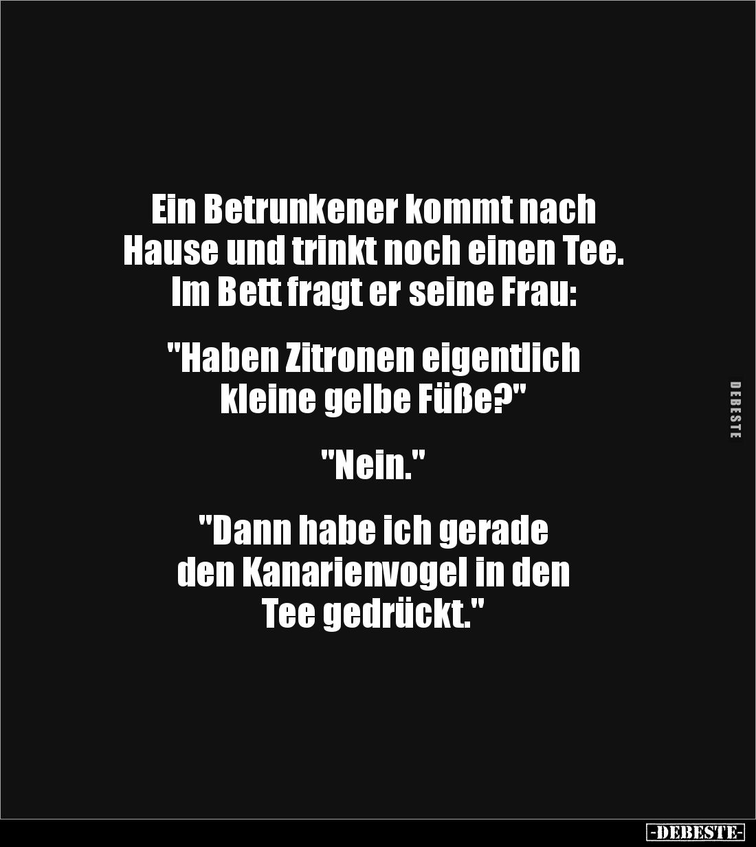 Ein Betrunkener kommt nach
Hause und trinkt noch einen Tee.
Im Bett fragt er seine Frau:
"Haben Zitronen eigent...