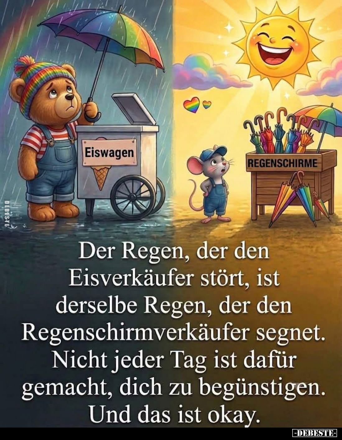 Der Regen, der den Eisverkäufer stört, ist derselbe Regen, der den Regenschirmverkäufer segnet.
Nicht jeder Tag ist dafür ge...