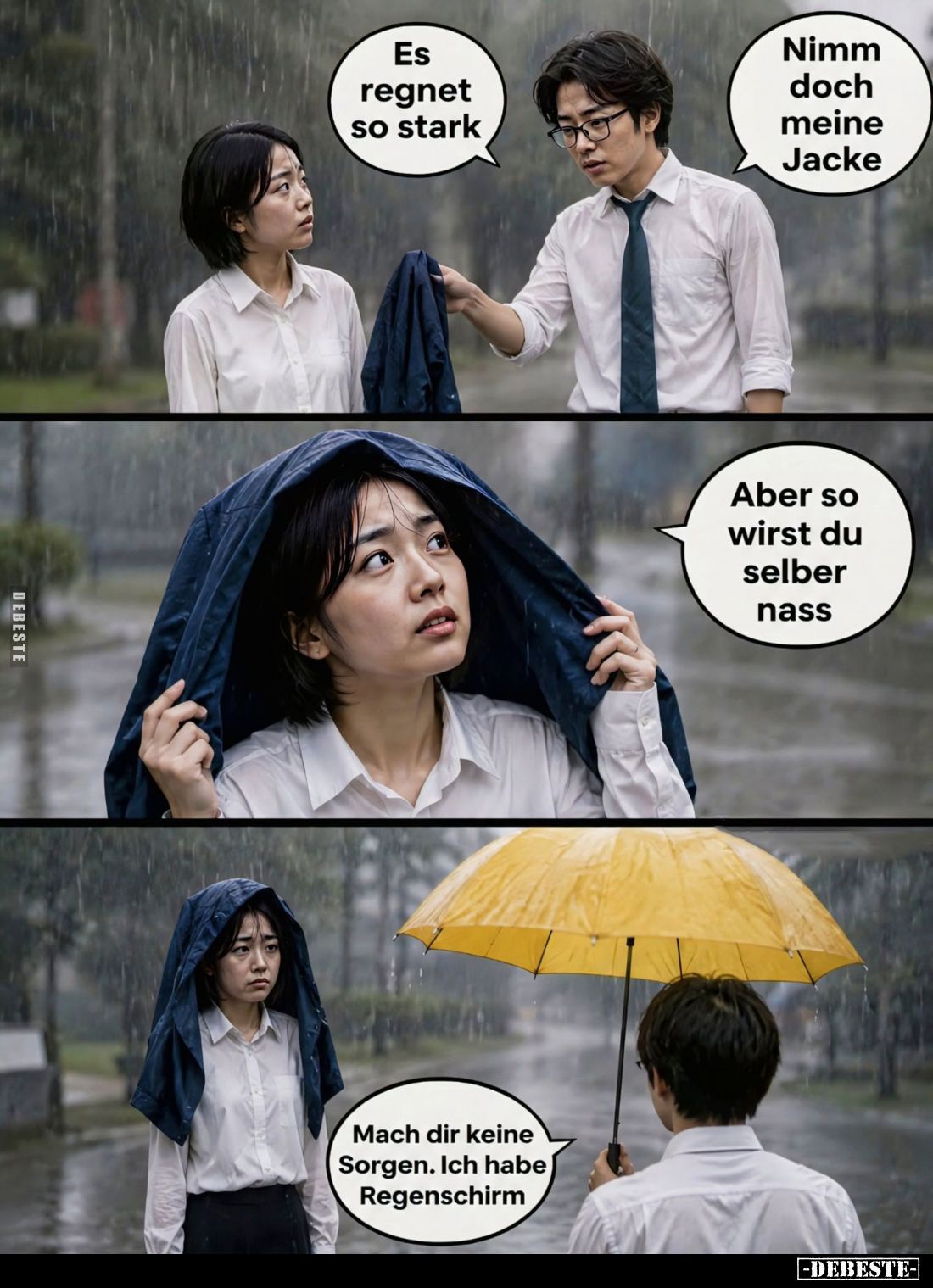 Es regnet so stark. -
Nimm doch meine Jacke. -
Aber so wirst du selber nass. -
Mach dir keine Sorgen. Ich habe Regenschirm...