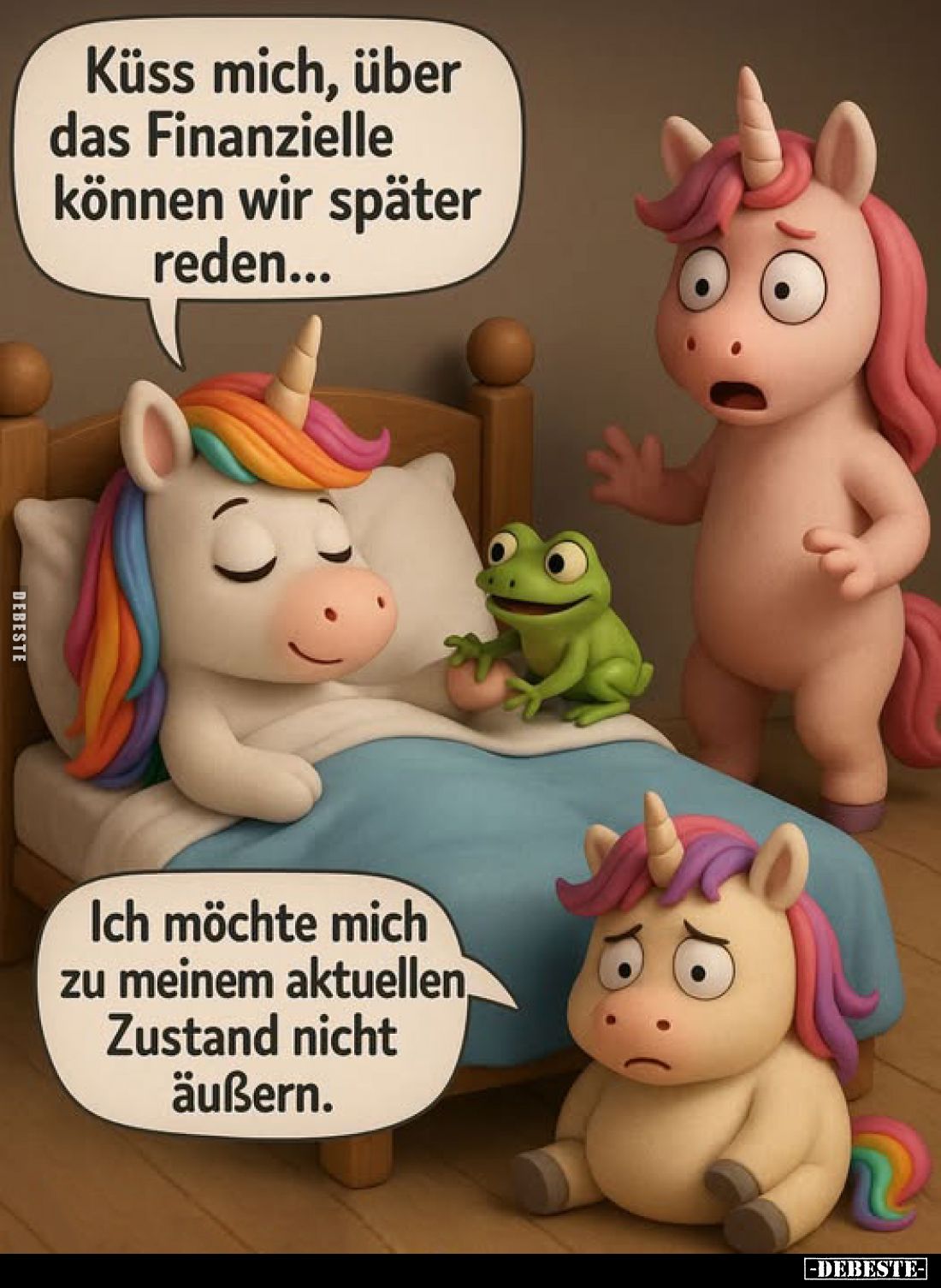 Küss mich, über das Finanzielle können wir später reden...
Ich möchte mich zu meinem aktuellen Zustand nicht äußern.