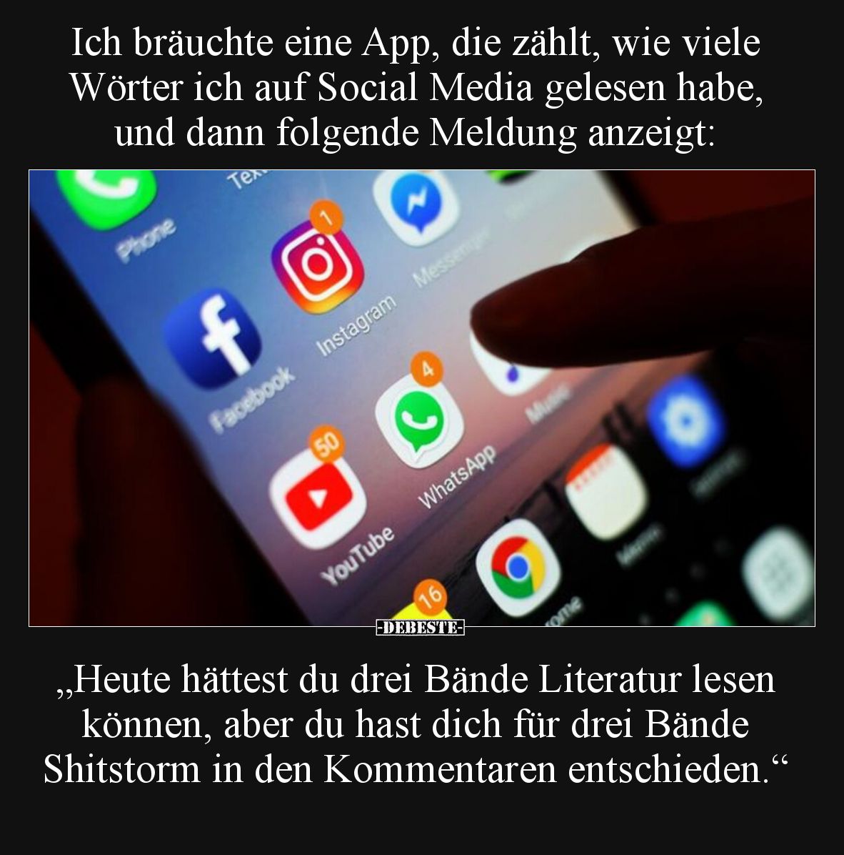 Ich bräuchte eine App, die zählt, wie viele Wörter ich auf Social Media gelesen habe, und dann folgende Meldung anzeigt:  „He...