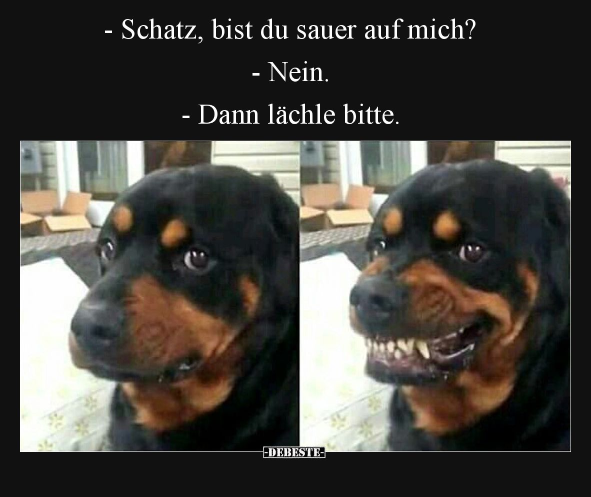 - Schatz, bist du sauer auf mich?
- Nein.
- Dann lächle bitte.