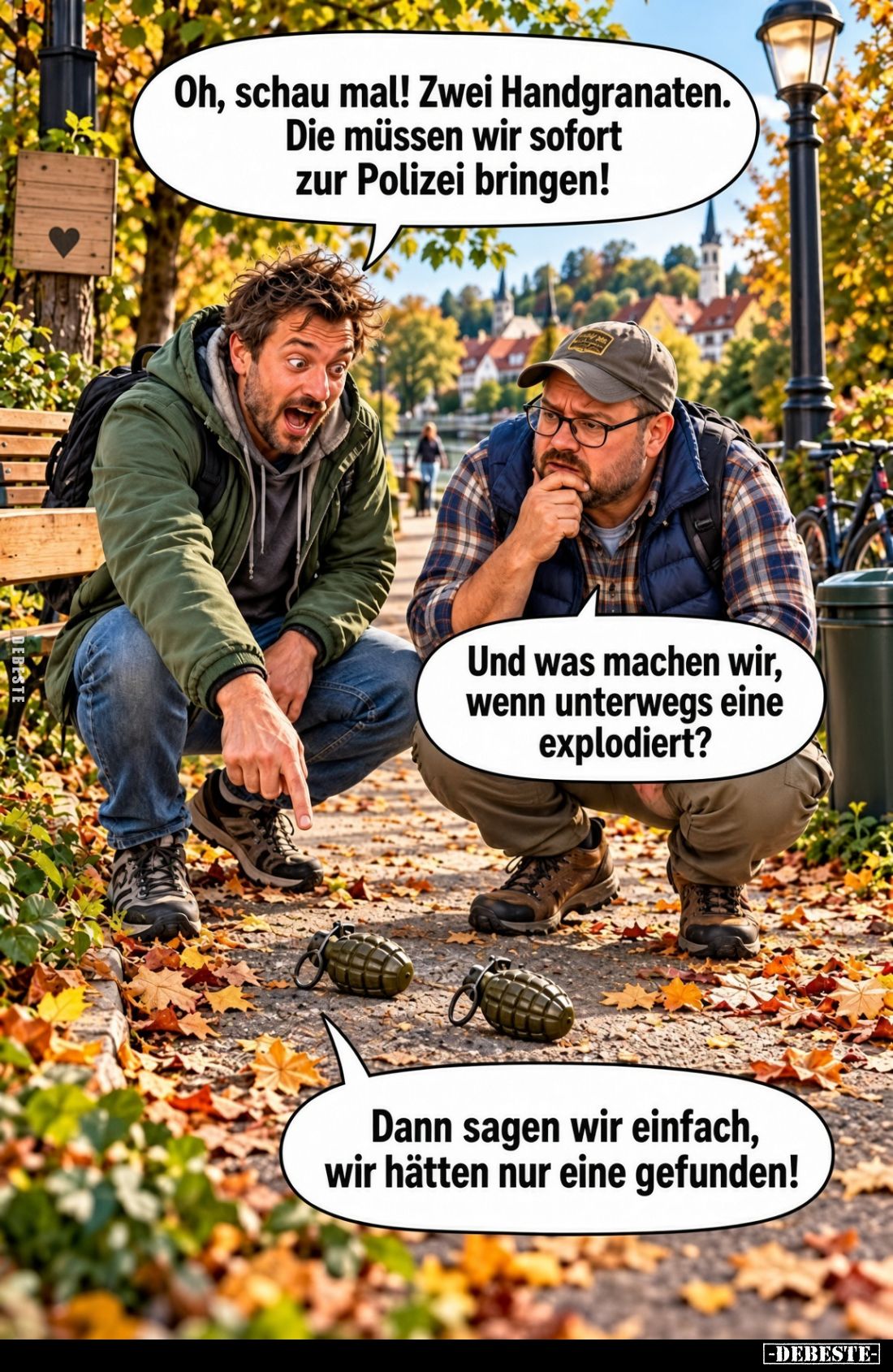 Oh, schau mal! Zwei Handgranaten. Die müssen wir sofort zur Polizei bringen!
-
Und was machen wir, wenn unterwegs eine expl...