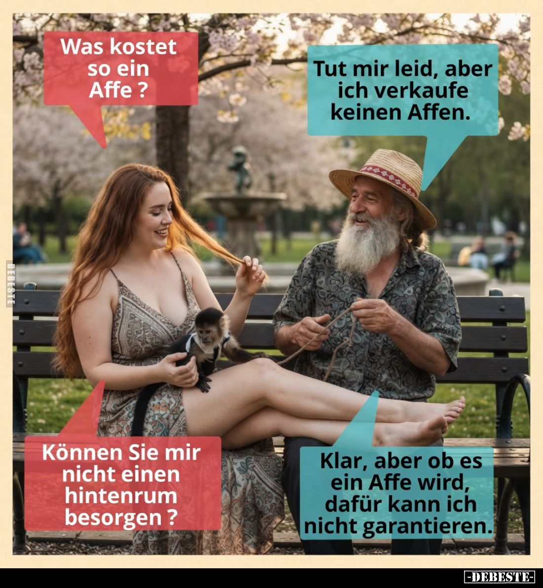 Was kostet so ein Affe ?

Tut mir leid, aber ich verkaufe keinen Affen.Können Sie mir nicht einen hintenrum besorgen ?

K...