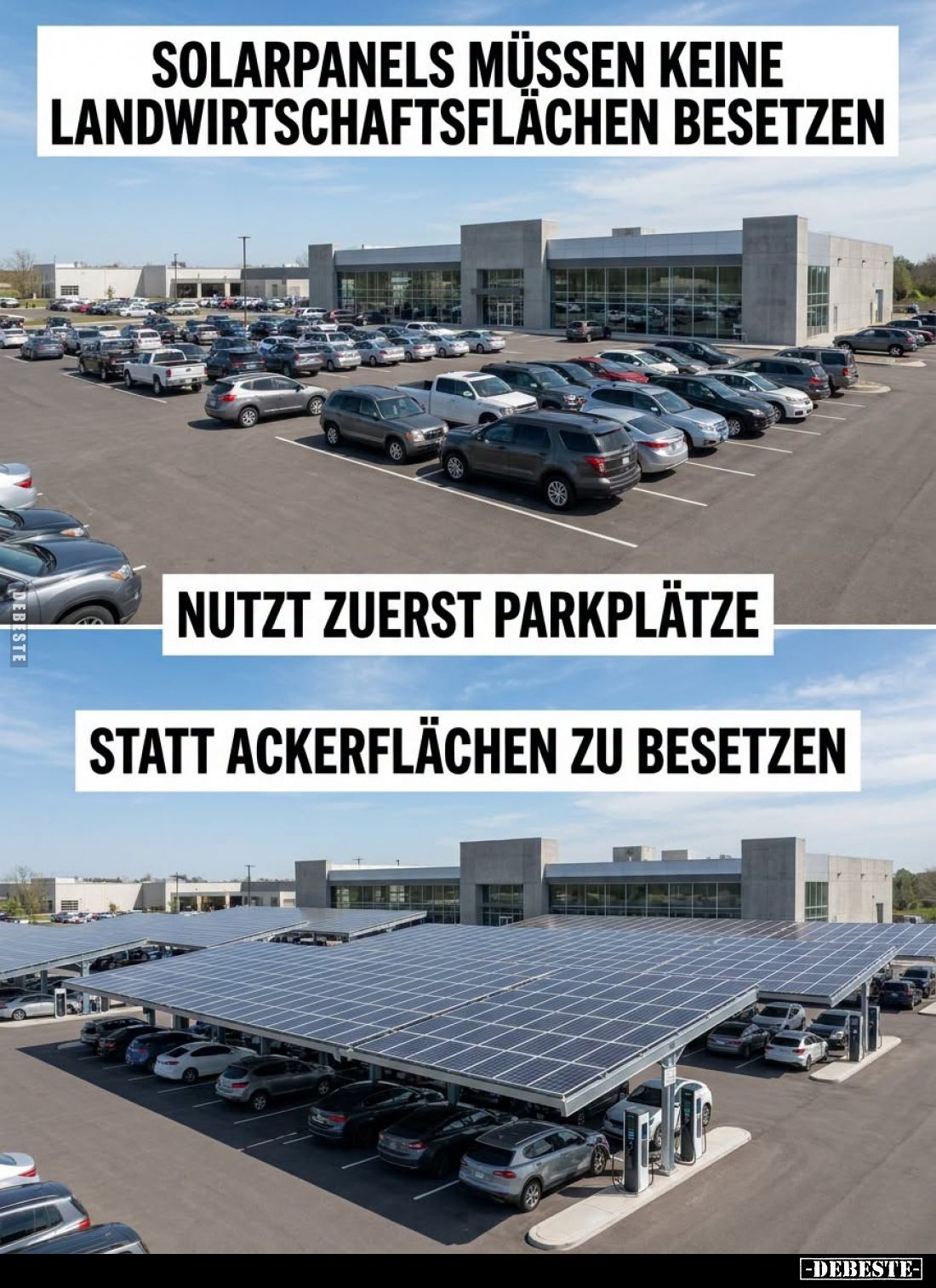 Solarpanels müssen keine Landwirtschaftsflächen besetzen. Nutzt zuerst Parkplätze, statt Ackerflächen zu besetzen.