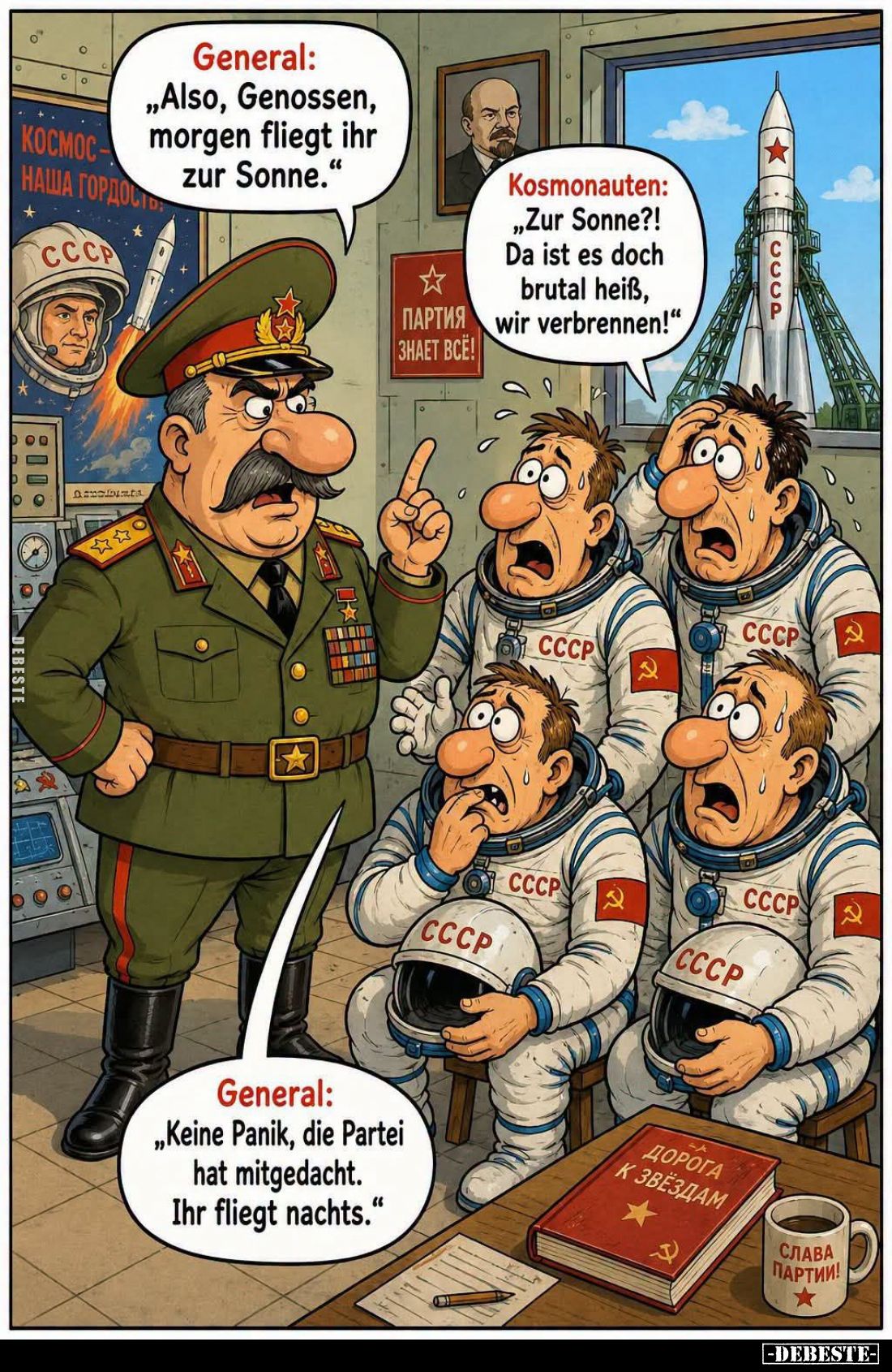 General:
"Also, Genossen, morgen fliegt ihr zur Sonne." - Kosmonauten:
"Zur Sonne?! Da ist es doch brutal he...