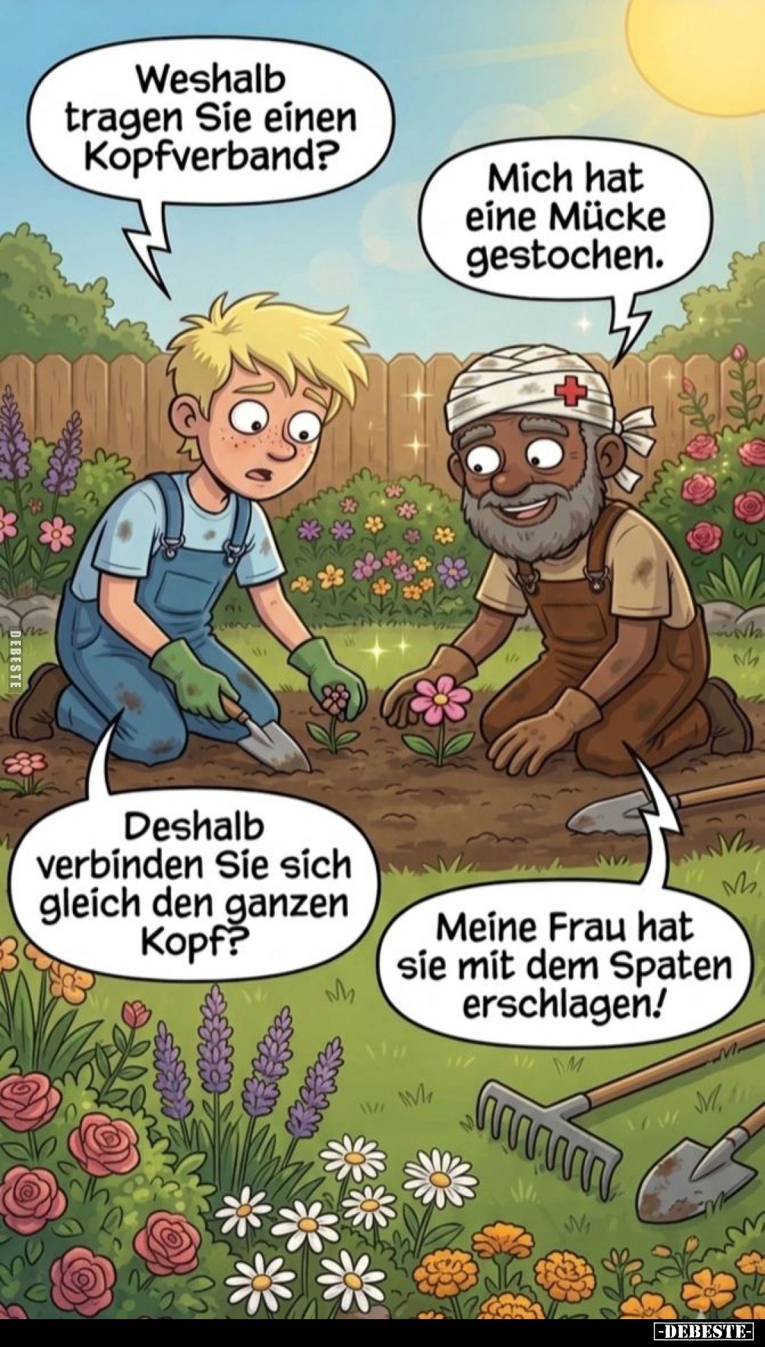 Weshalb tragen Sie einen Kopfverband? -
Mich hat eine Mücke gestochen. -
Deshalb verbinden Sie sich gleich den ganzen Kopf?...