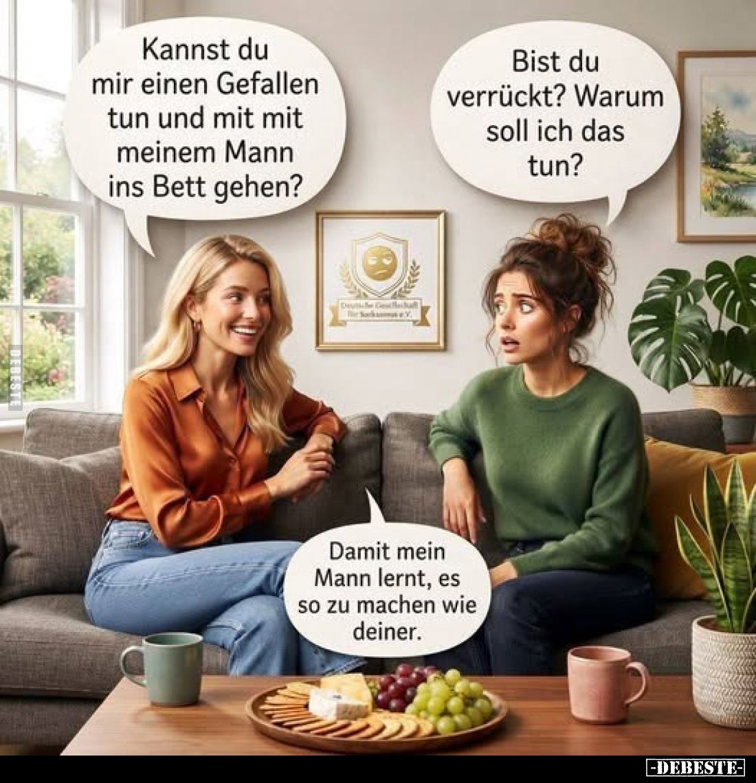 Kannst du mir einen Gefallen tun und mit mit meinem Mann ins Bett gehen? -
Bist du verrückt? Warum soll ich das tun? -
Dami...