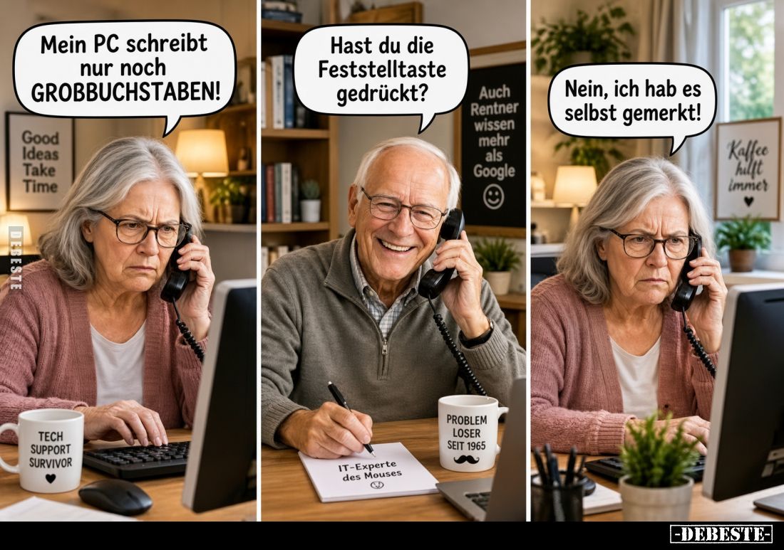 Mein PC schreibt nur noch GROSSBUCHSTABEN!
Hast du die Feststelltaste gedrückt?
Nein, ich hab es selbst gemerkt!