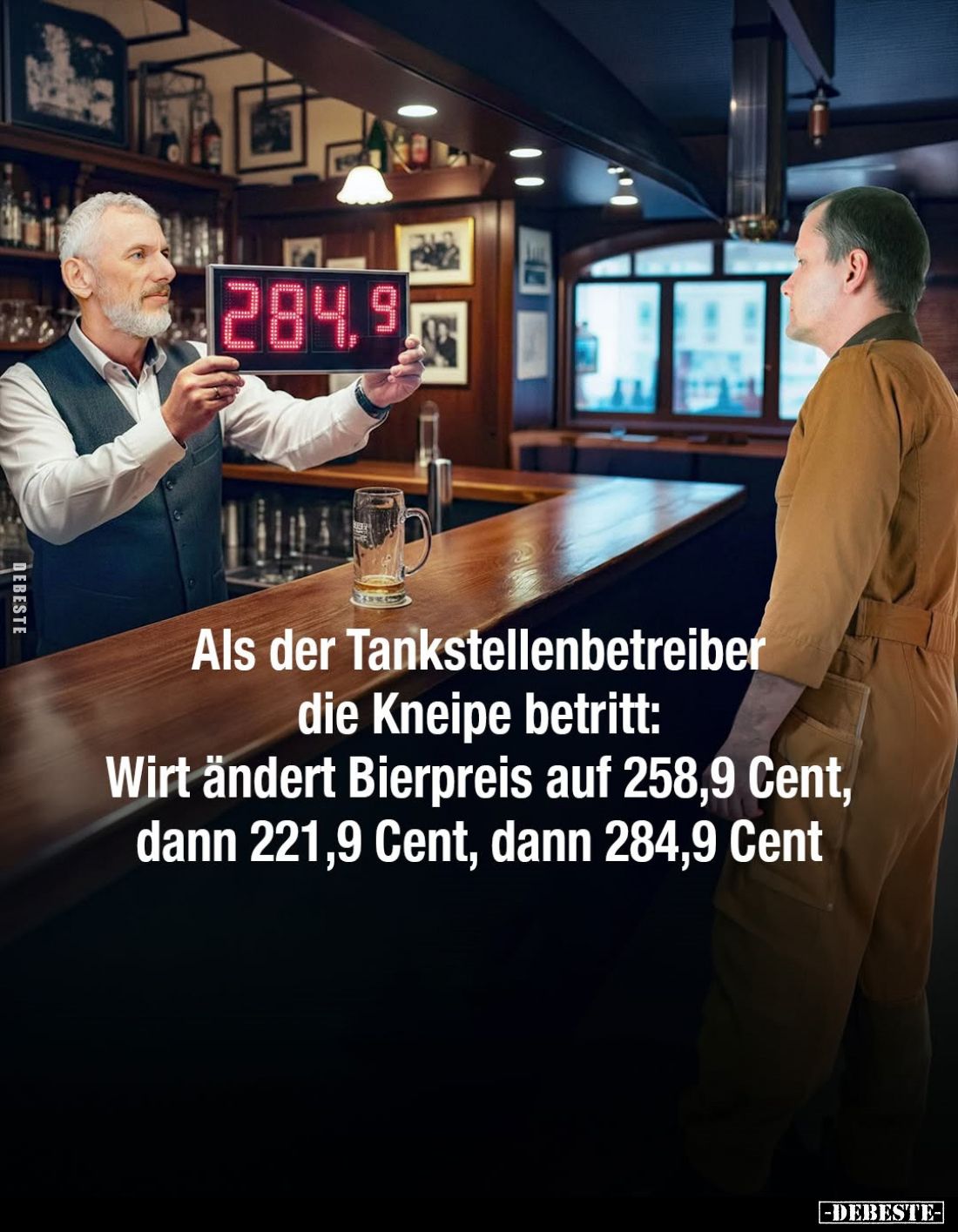 Als der Tankstellenbetreiber die Kneipe betritt: Wirt ändert Bierpreis auf 258,9 Cent, dann 221,9 Cent, dann 284,9 Cent.