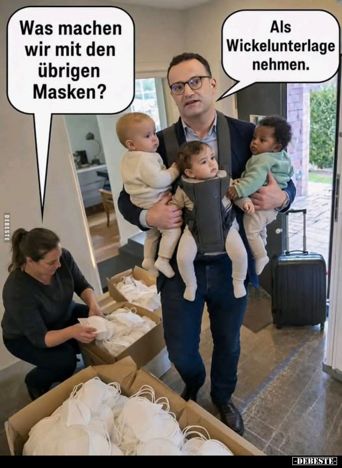 Was machen wir mit den übrigen Masken? -
Als Wickelunterlage nehmen.