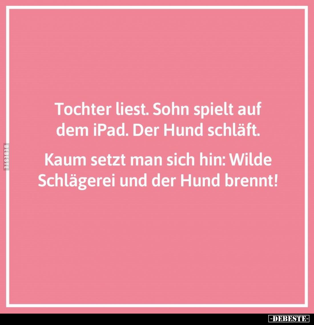 Tochter liest. Sohn spielt auf dem iPad. Der Hund schläft.
Kaum setzt man sich hin: Wilde Schlägerei und der Hund brennt!