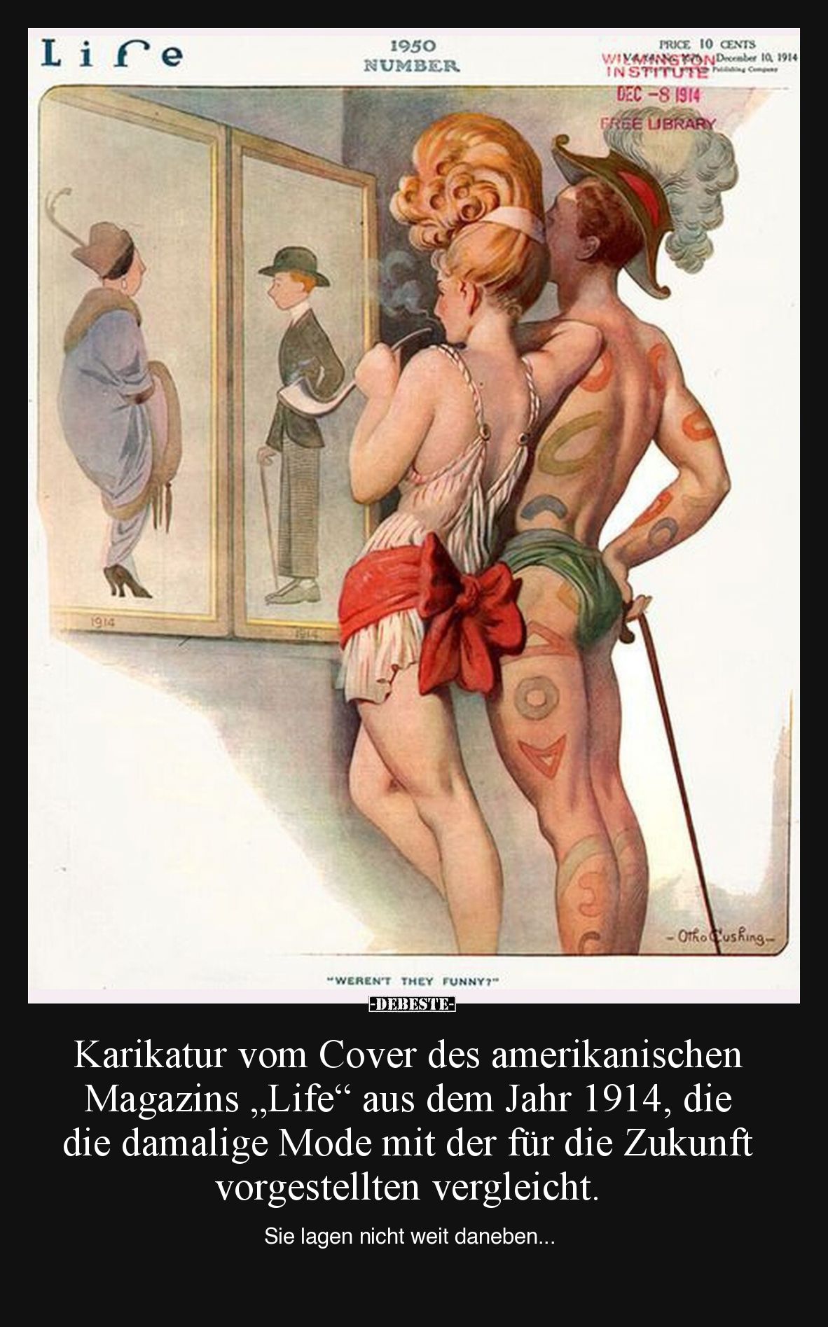 Karikatur vom Cover des amerikanischen Magazins „Life“ aus dem Jahr 1914, die die damalige Mode mit der für die Zukunft vorge...
