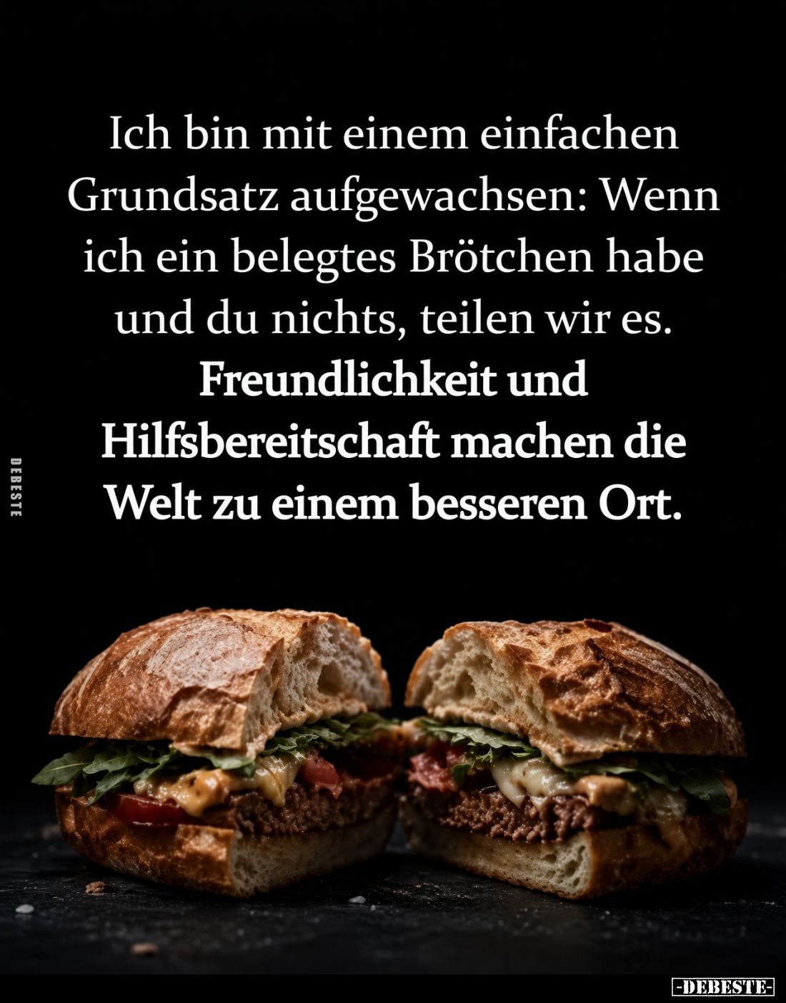 Ich bin mit einem einfachen Grundsatz aufgewachsen: Wenn ich ein belegtes Brötchen habe und du nichts, teilen wir es.

Freu...
