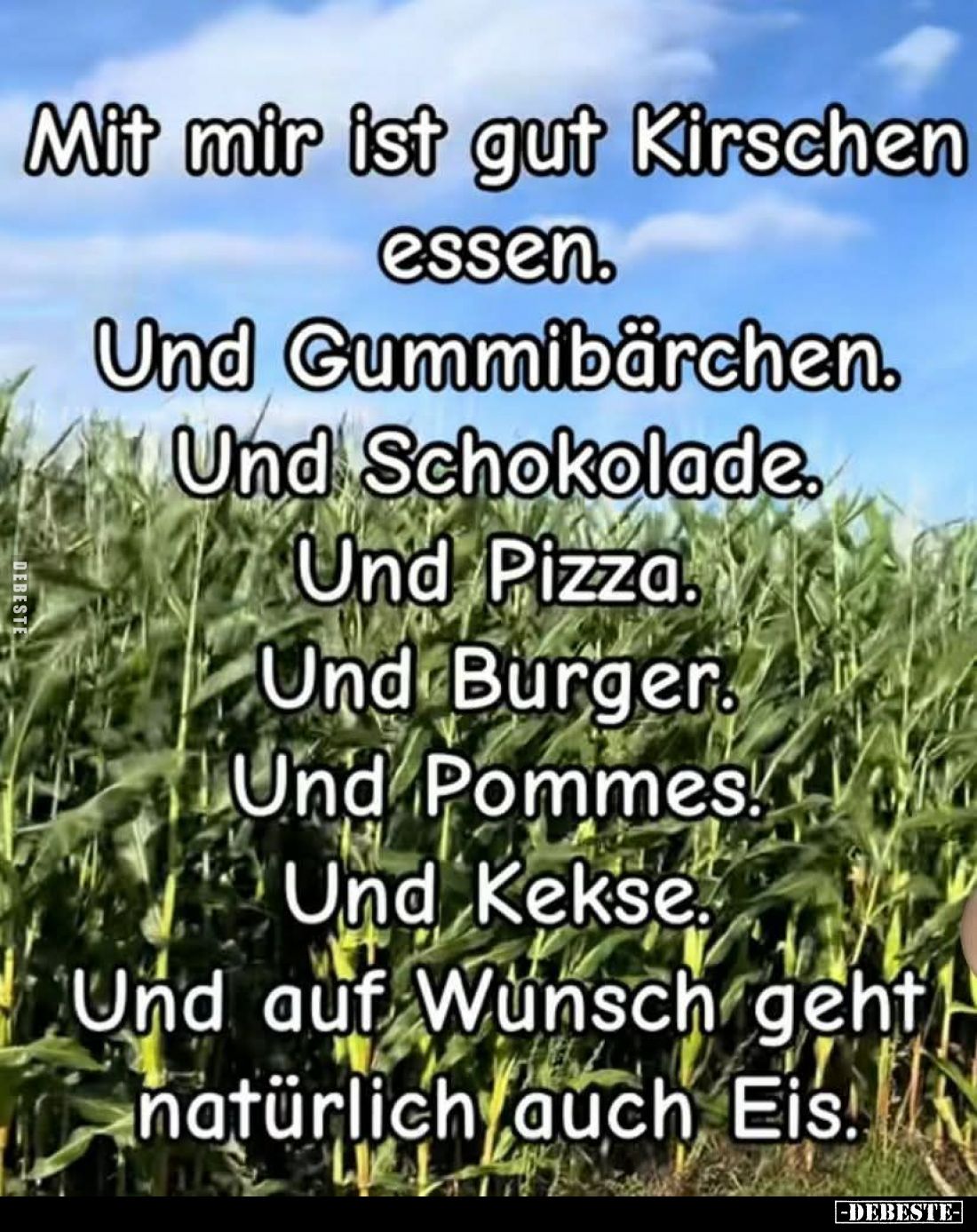Mit mir ist gut Kirschen essen.
Und Gummibärchen. Und Schokolade. Und Pizza. Und Burger. Und Pommes! Und Kekse. Und auf Wuns...
