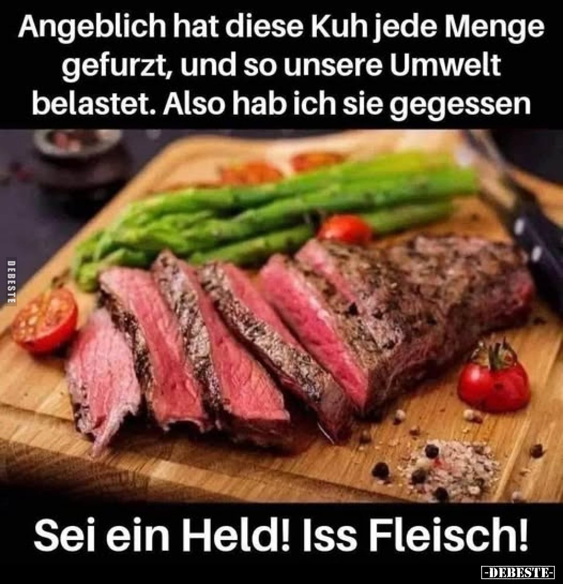 Angeblich hat diese Kuh jede Menge gefurzt, und so unsere Umwelt belastet. Also hab ich sie gegessen
-
Sei ein Held! Iss Fl...