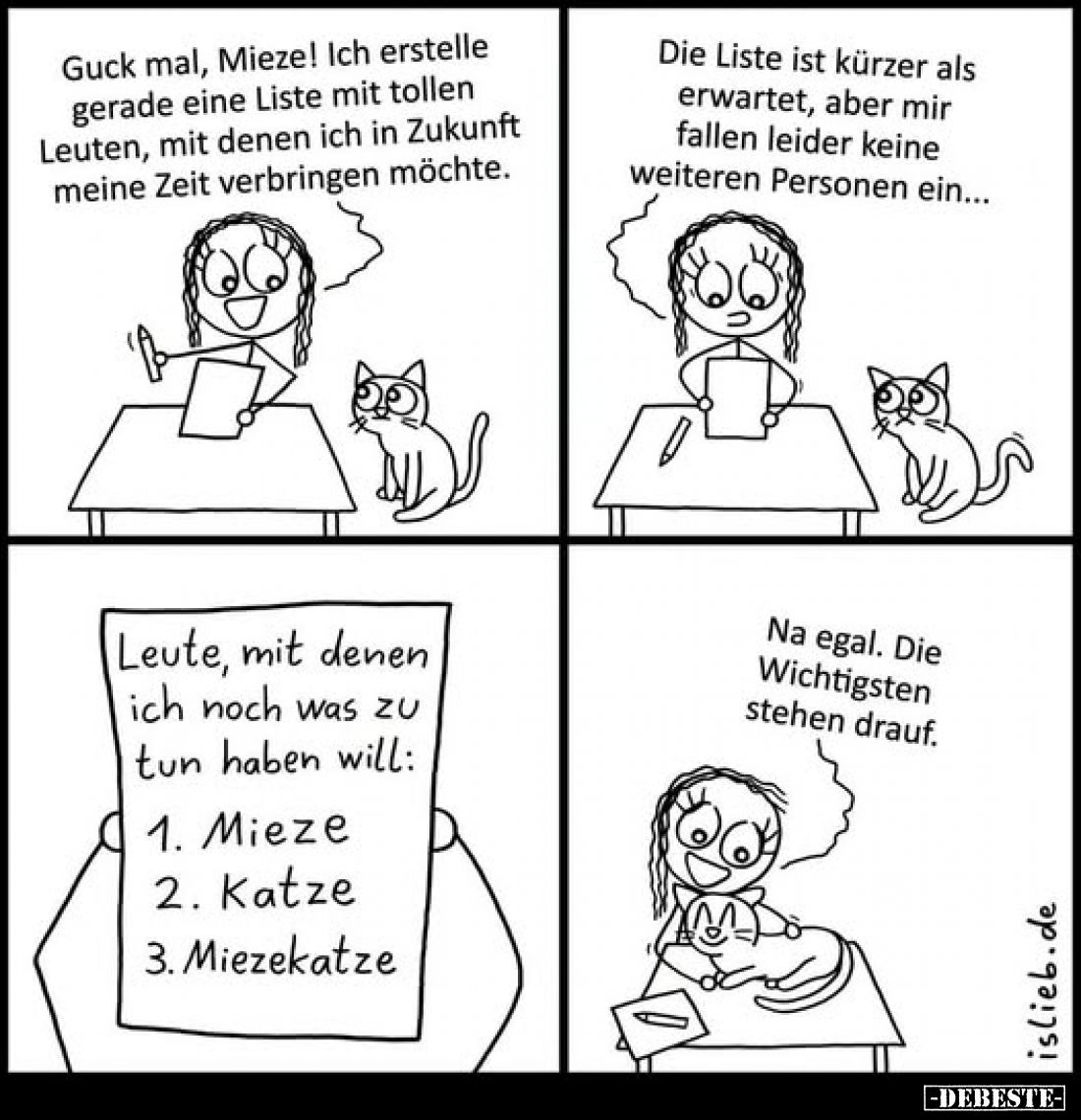 Guck mal, Mieze! Ich erstelle gerade eine Liste mit tollen Leuten, mit denen ich in Zukunft meine Zeit verbringen möchte.
Di...