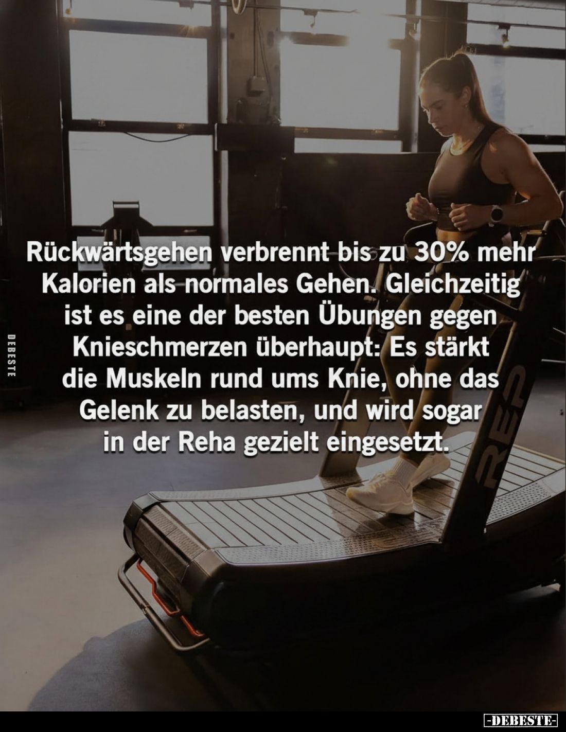 Rückwärtsgehen verbrennt bis zu 30% mehr Kalorien als normales Gehen.
Gleichzeitig ist es eine der besten Übungen gegen Knie...