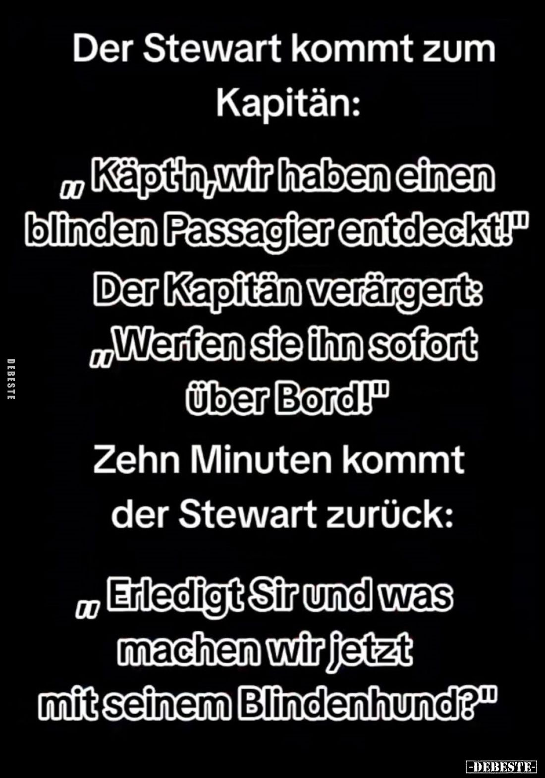 Der Stewart kommt zum Kapitän:
„Käpt'n, wir haben einen blinden Passagier entdeckt!“
Der Kapitän verärgert:
„Werfen Si...