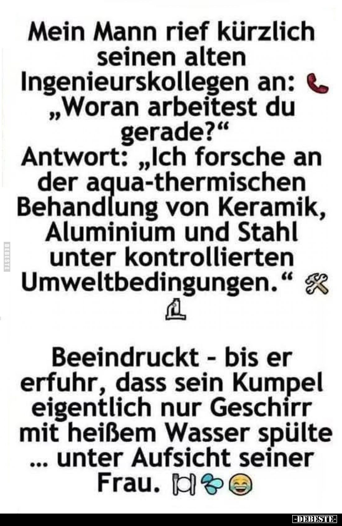 Mein Mann rief kürzlich seinen alten Ingenieurskollegen an: „Woran arbeitest du gerade?" Antwort: „Ich forsche an der aq...