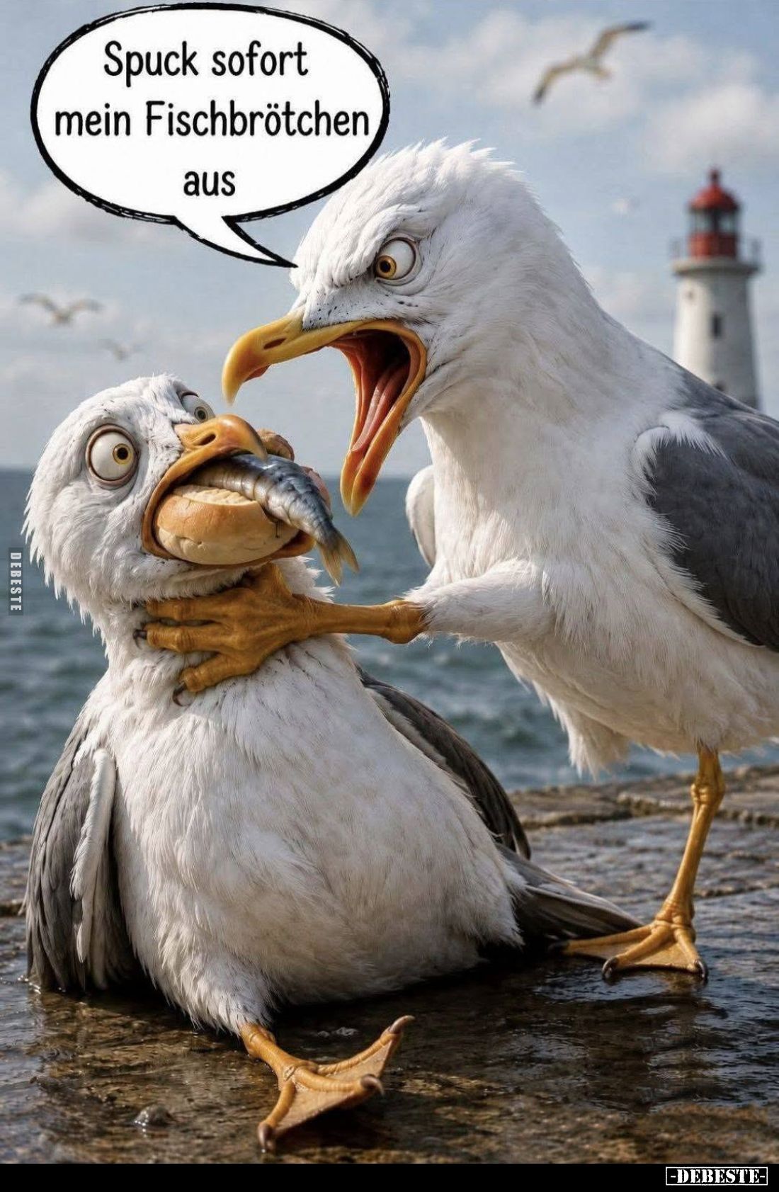 Spuck sofort mein Fischbrötchen, aus.