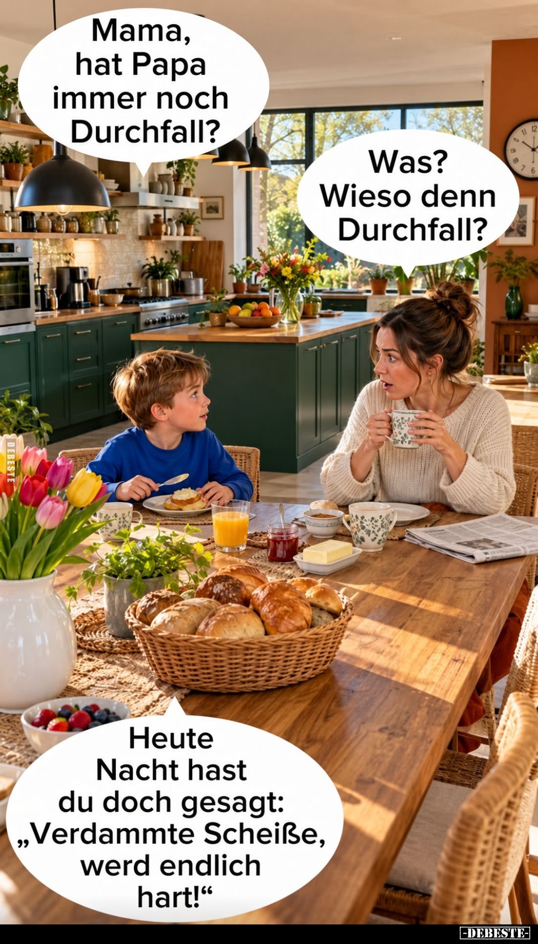 Mama,
hat Papa
immer noch
Durchfall?

Was?
Wieso denn
Durchfall?

Heute
Nacht hast
du doch gesagt:
„Verdammte Sch...
