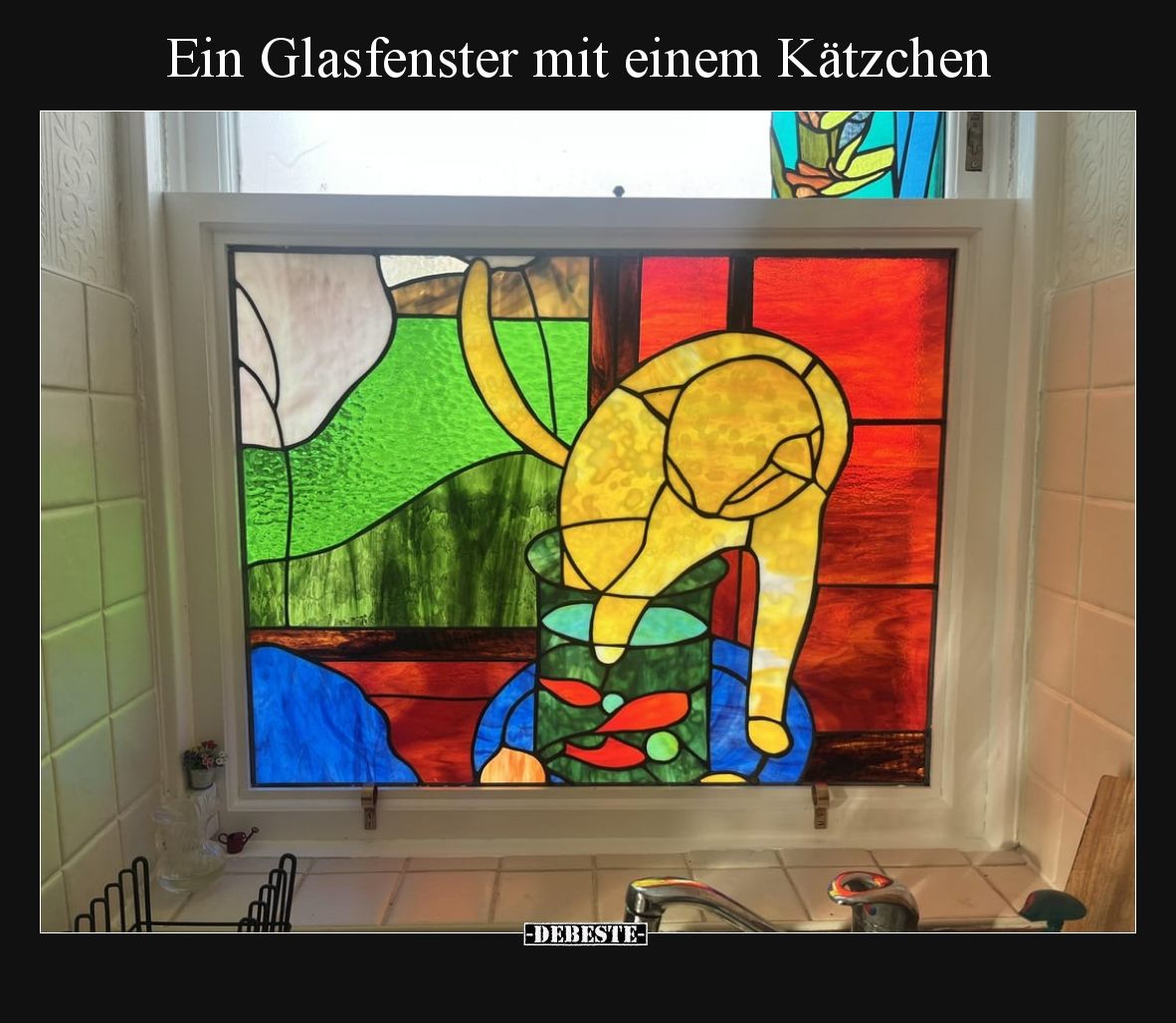 Ein Glasfenster mit einem Kätzchen