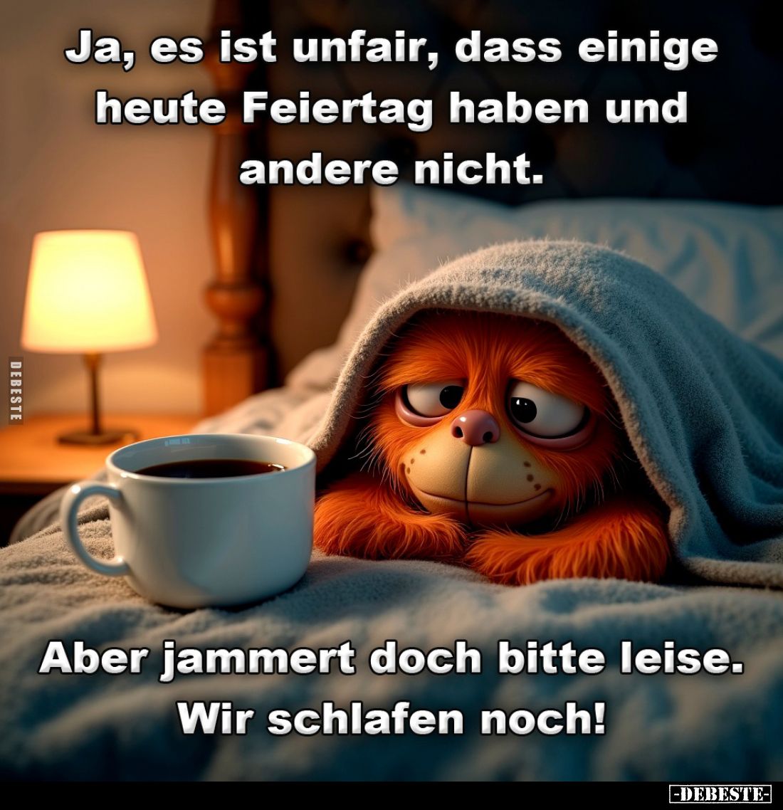 Ja, es ist unfair, dass einige heute Feiertag haben und andere nicht.
Aber jammert doch bitte leise. Wir schlafen noch!