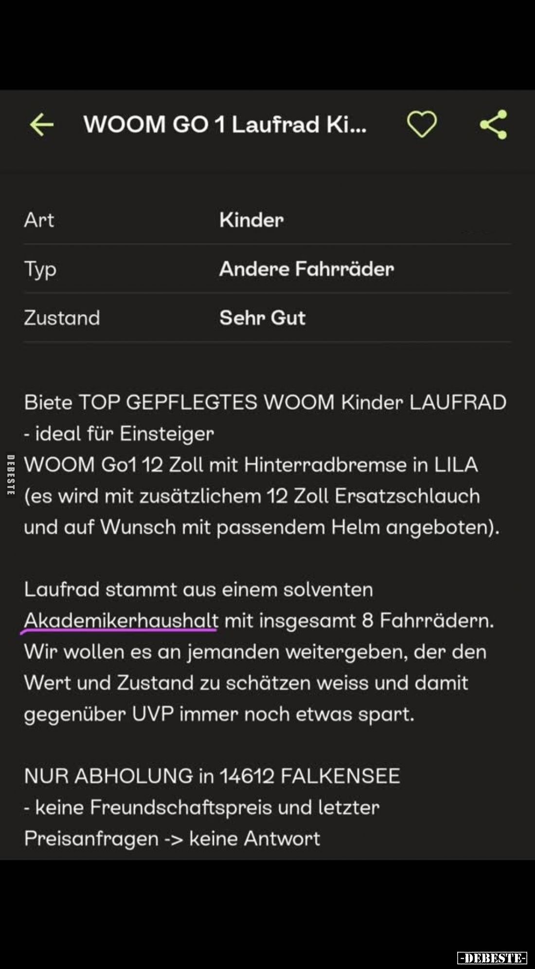 Biete TOP GEPFLEGTES WOOM Kinder LAUFRAD
- ideal für Einsteiger
WOOM Go1 12 Zoll mit Hinterradbremse in LILA
(es wird mit ...