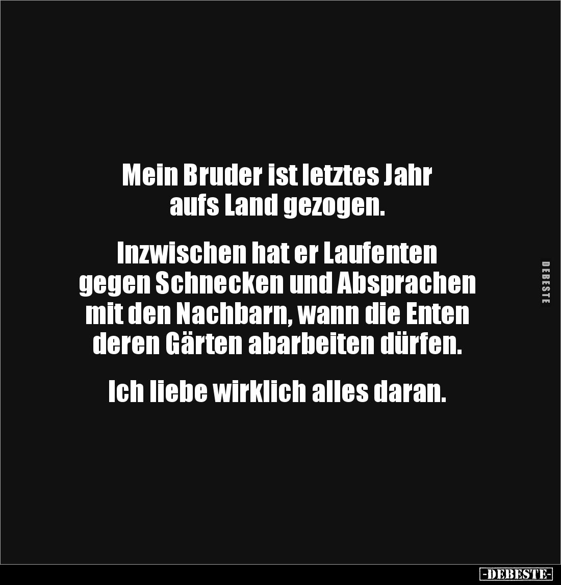 Mein Bruder ist letztes Jahr
aufs Land gezogen.
Inzwischen hat er Laufenten
gegen Schnecken und Absprachen mit den ...