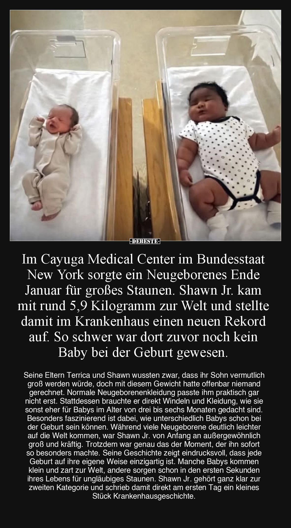 Im Cayuga Medical Center im Bundesstaat New York sorgte ein Neugeborenes Ende Januar für großes Staunen. Shawn Jr. kam mit ru...