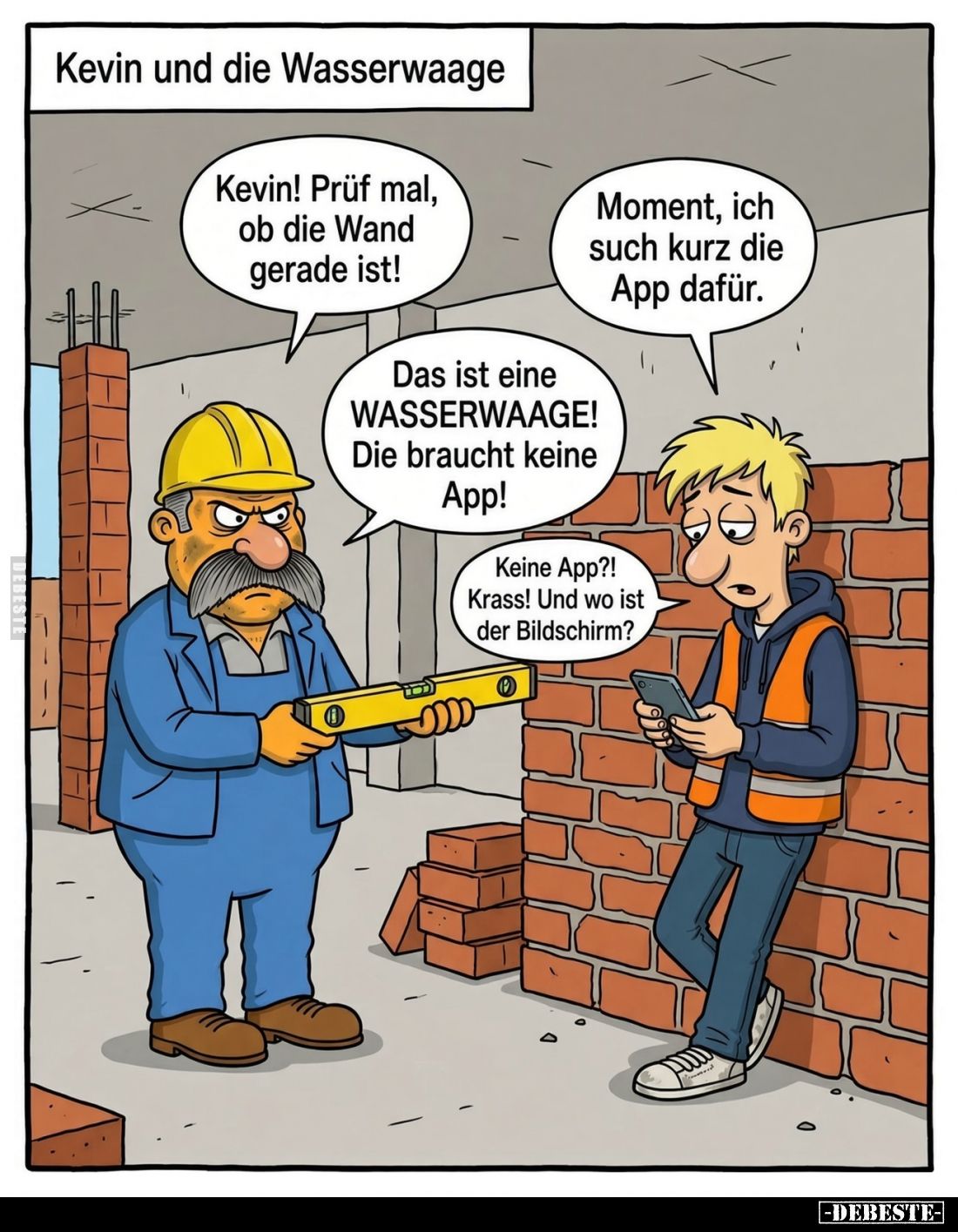 Kevin und die Wasserwaage. - Kevin! Prüf mal, ob die Wand gerade ist! -
Moment, ich such kurz die App dafür. -
Das ist eine...