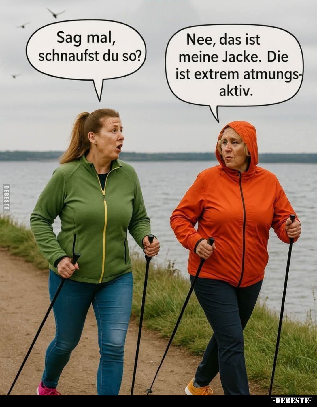 Sag mal, schnaufst du so? -
Nee, das ist meine Jacke. Die ist extrem atmungsaktiv.