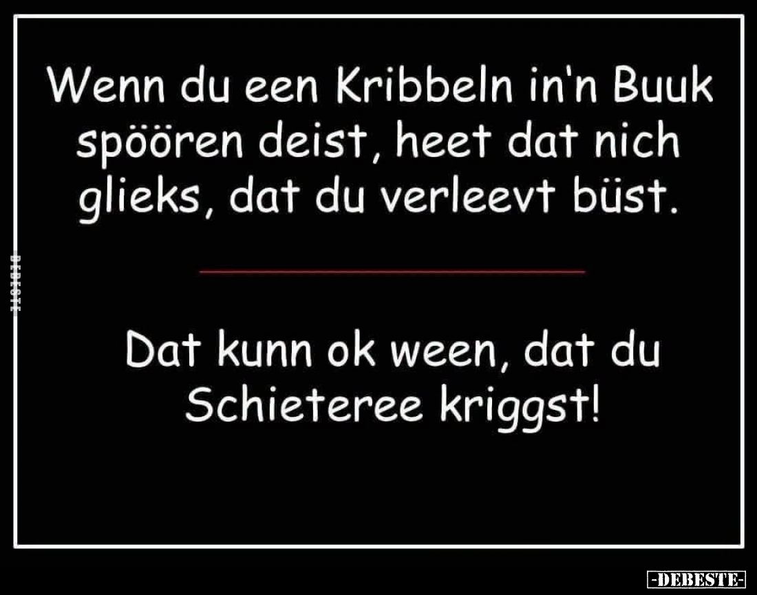 Wenn du een Kribbeln in'n Buuk spöören deist, heet dat nich glieks, dat du verleevt büst.
Dat kunn ok ween, dat du Schietere...