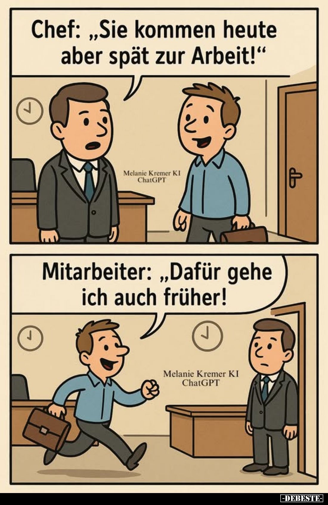 Chef: "Sie kommen heute aber spät zur Arbeit!"
-
Mitarbeiter: "Dafür gehe ich auch früher!"