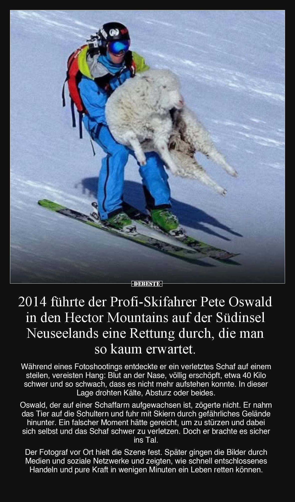 2014 führte der Profi-Skifahrer Pete Oswald in den Hector Mountains auf der Südinsel Neuseelands eine Rettung durch, die man ...