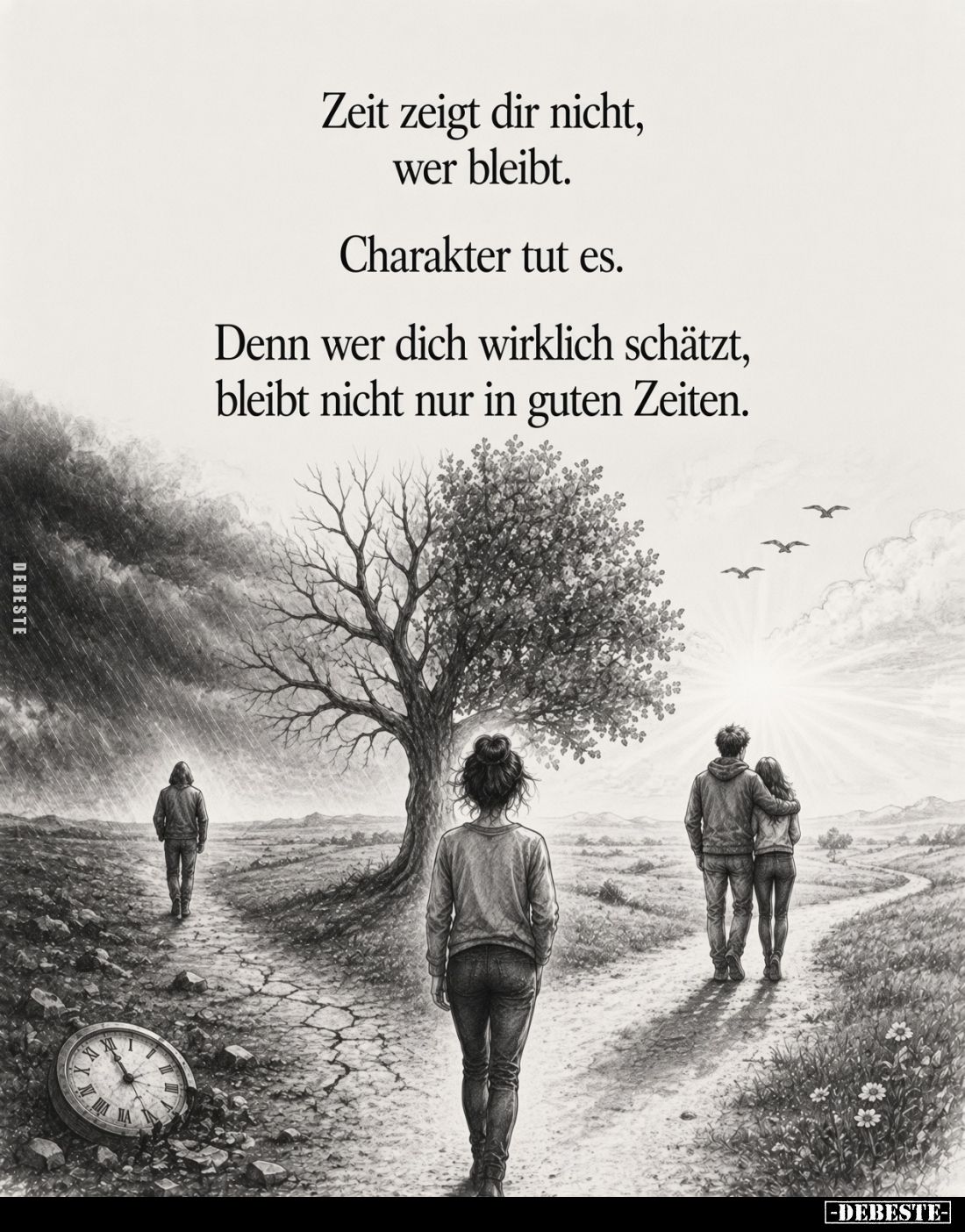 Zeit zeigt dir nicht,
wer bleibt.

Charakter tut es.

Denn wer dich wirklich schätzt,
bleibt nicht nur in guten Zeiten.