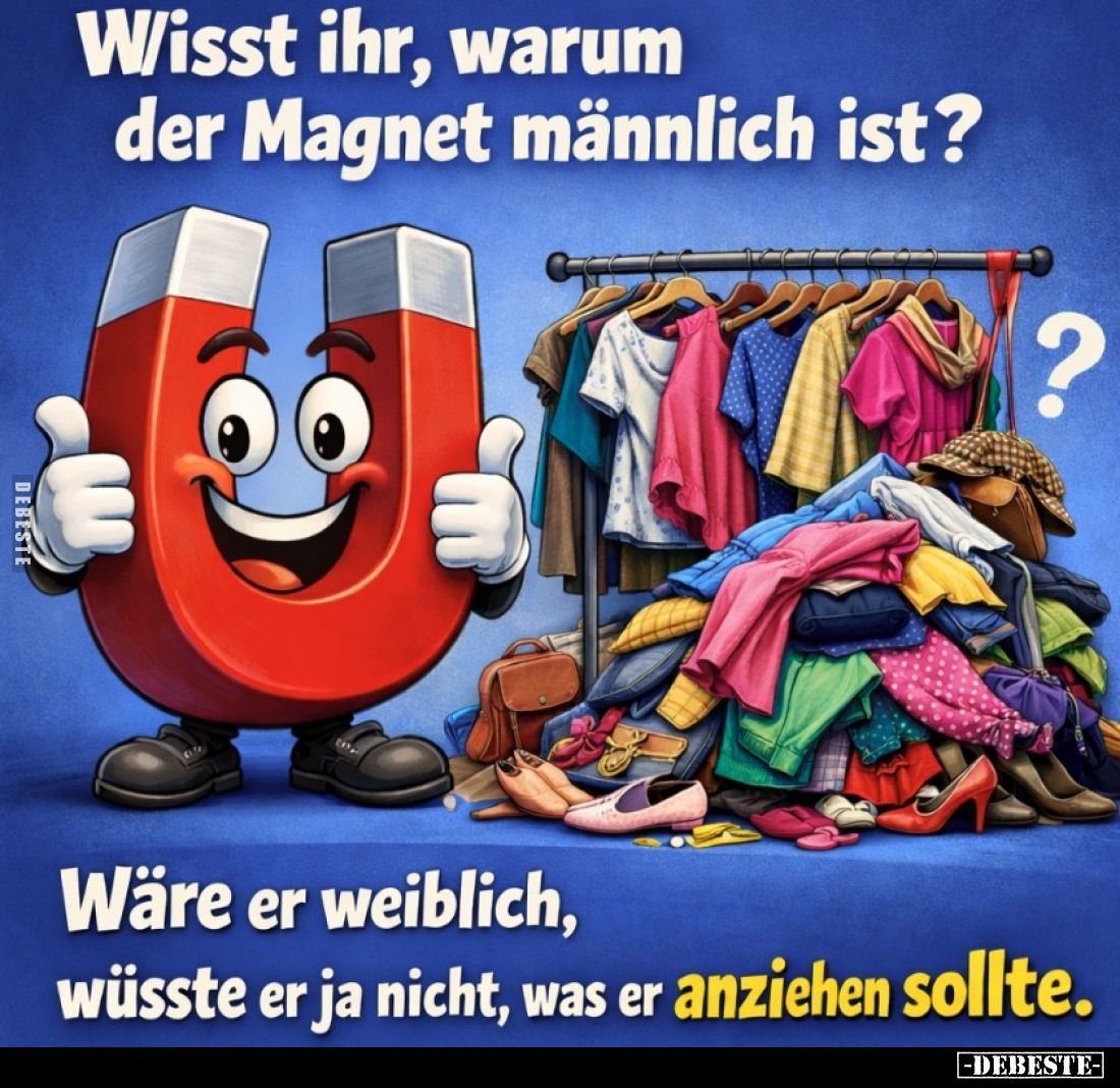 Wisst ihr, warum der Magnet männlich ist?
Wäre er weiblich, wüsste er ja nicht, was er anziehen sollte.