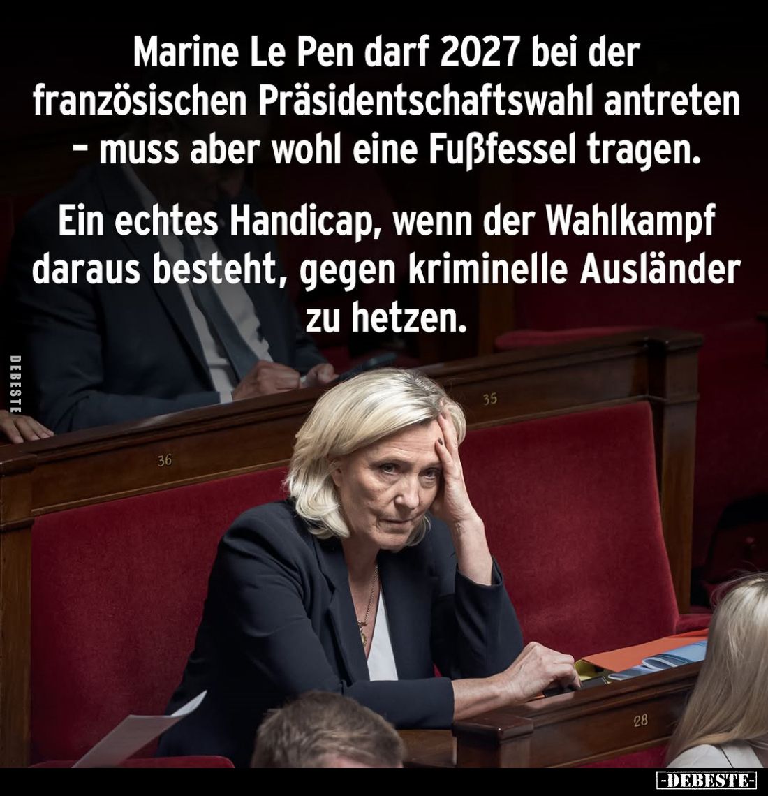 Marine Le Pen darf 2027 bei der französischen Präsidentschaftswahl antreten – muss aber wohl eine Fußfessel tragen.
Ein echt...