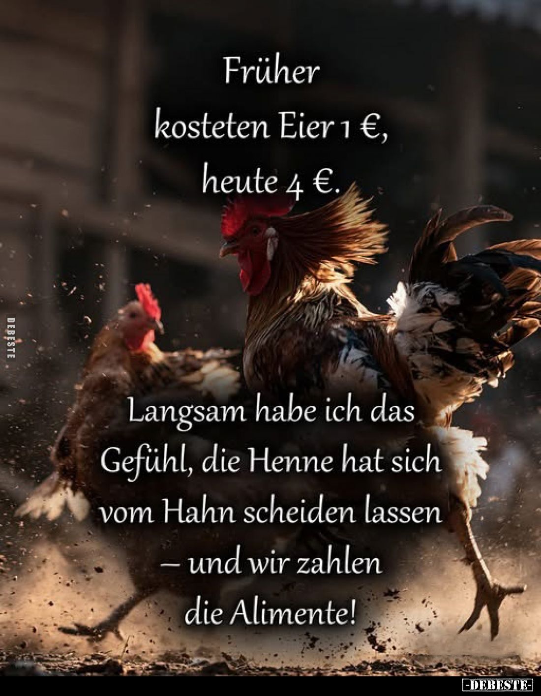 Früher kosteten Eier 1 €, heute 4 €.
Langsam habe ich das Gefühl, die Henne hat sich vom Hahn scheiden lassen – und wir zahl...