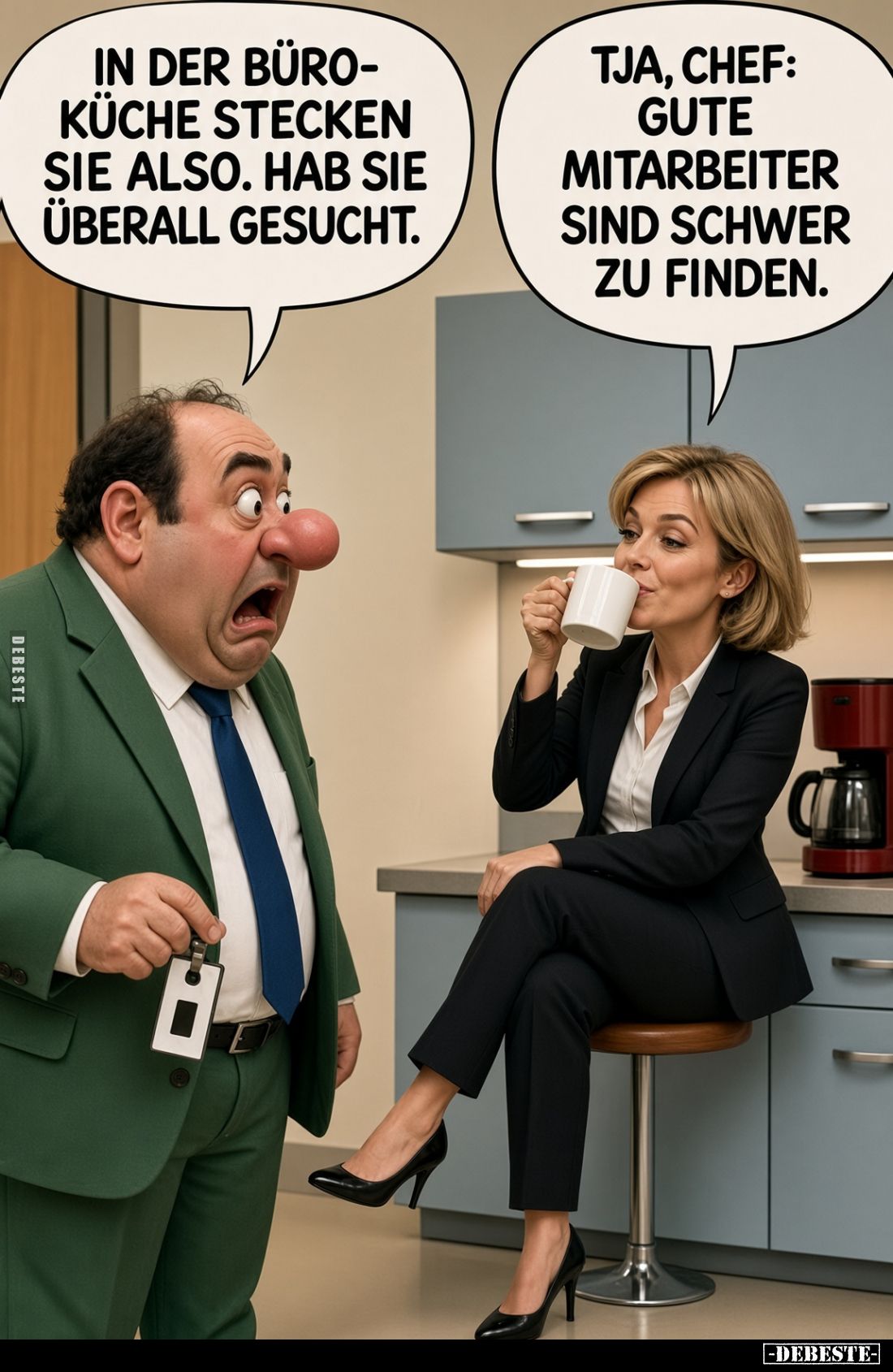 In der Büroküche stecken Sie also. Hab Sie überall gesucht.
Tja, Chef: gute Mitarbeiter sind schwer zu finden.