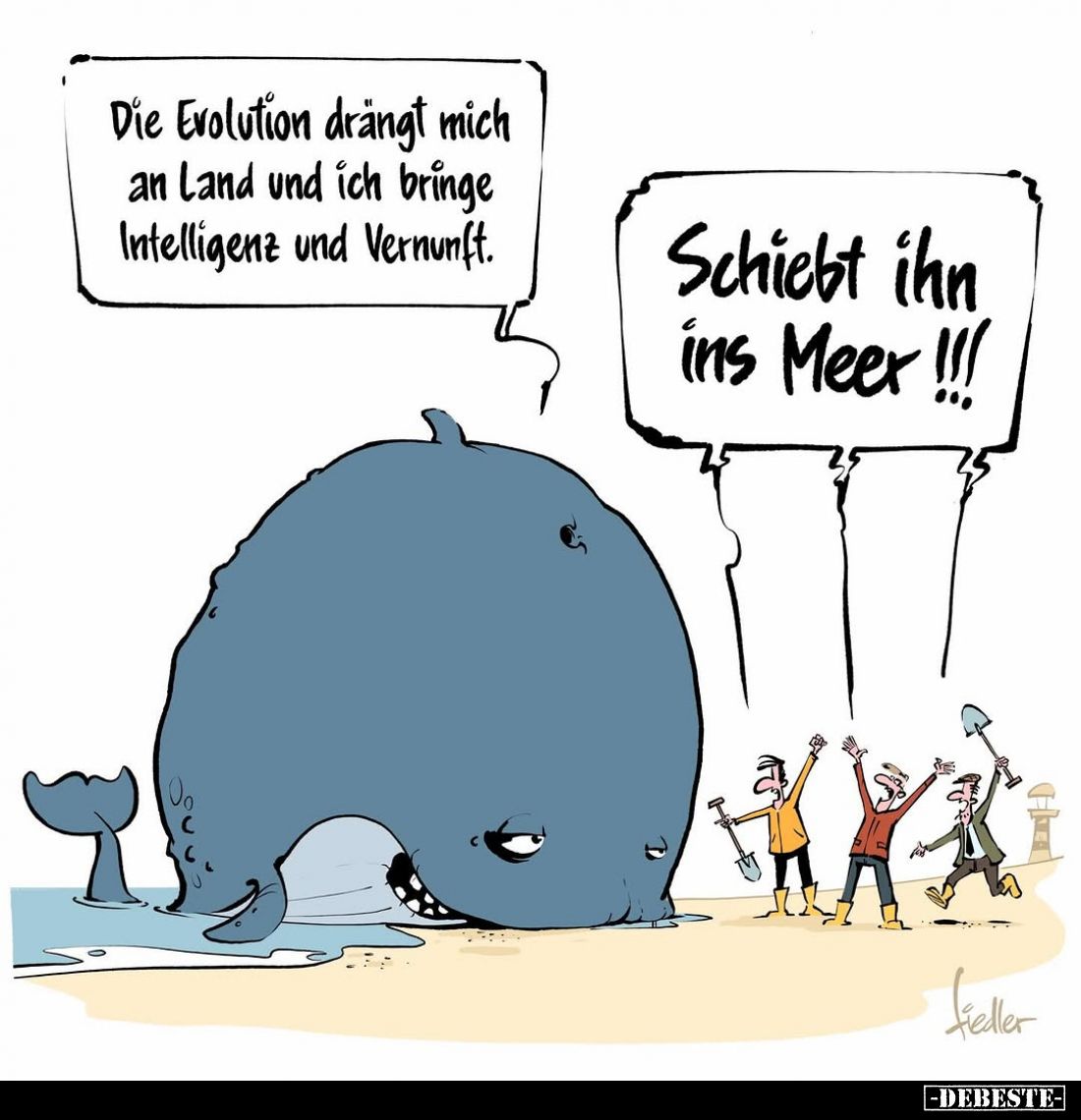 Die Evolution drängt mich an Land und ich bringe Intelligenz und Vernunft.
Schiebt ihn ins Meer!!!!